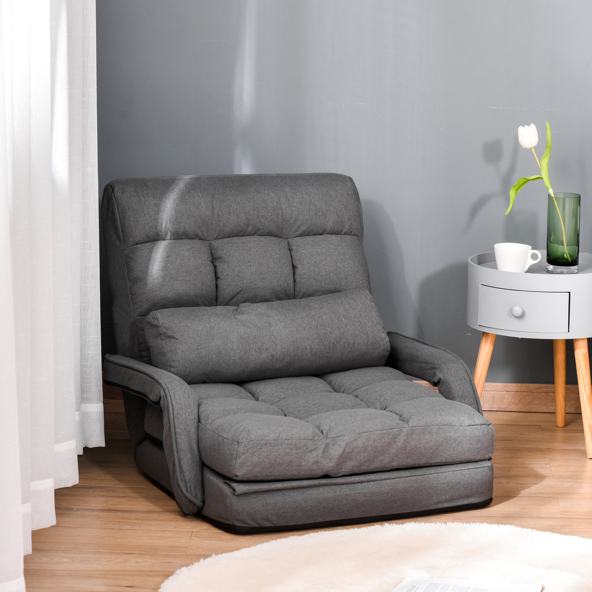 Convertible Floor Sofa Bed Recliner Armchair Upholstered Sleeper Chair with Pillow Grey