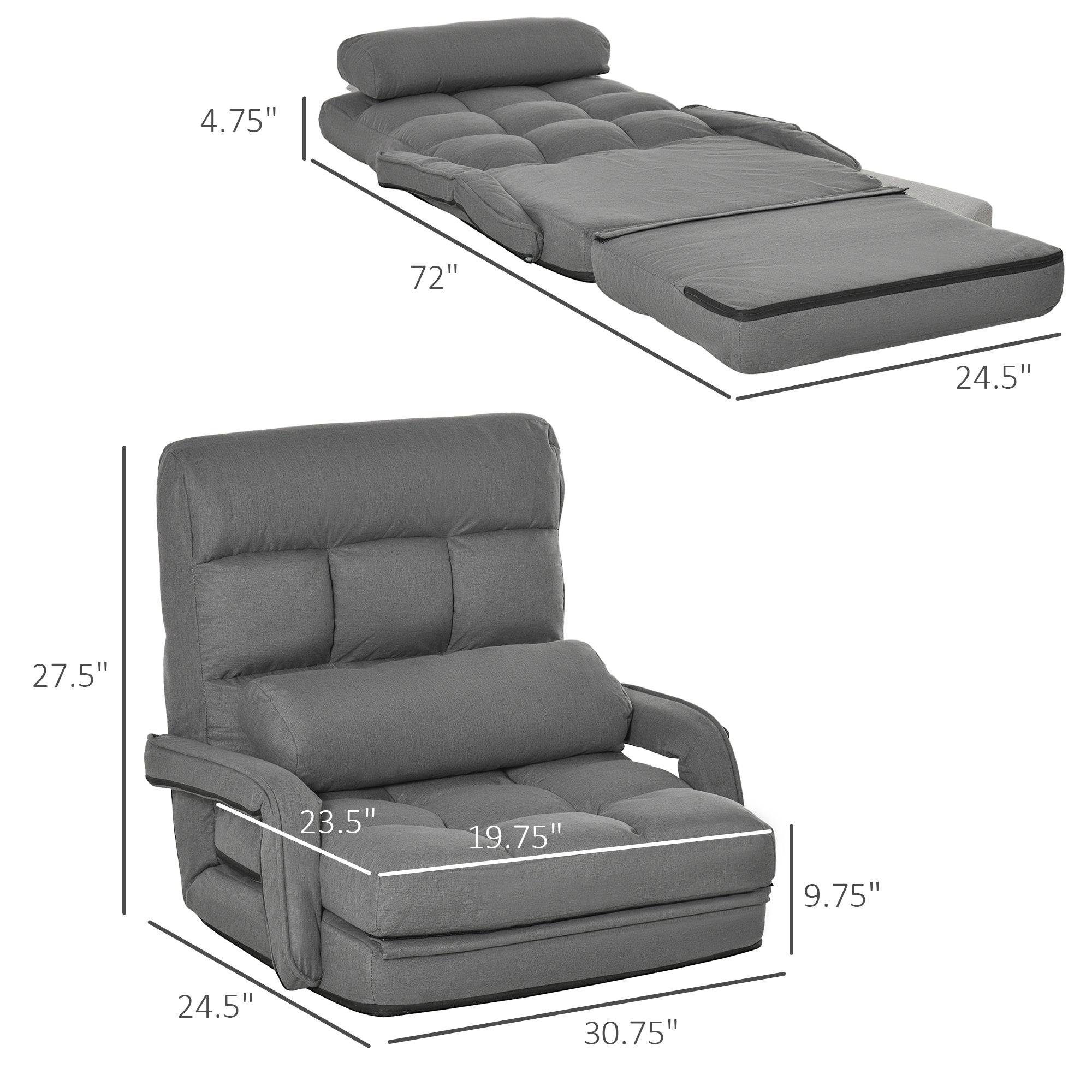 Convertible Floor Sofa Bed Recliner Armchair Upholstered Sleeper Chair with Pillow Grey