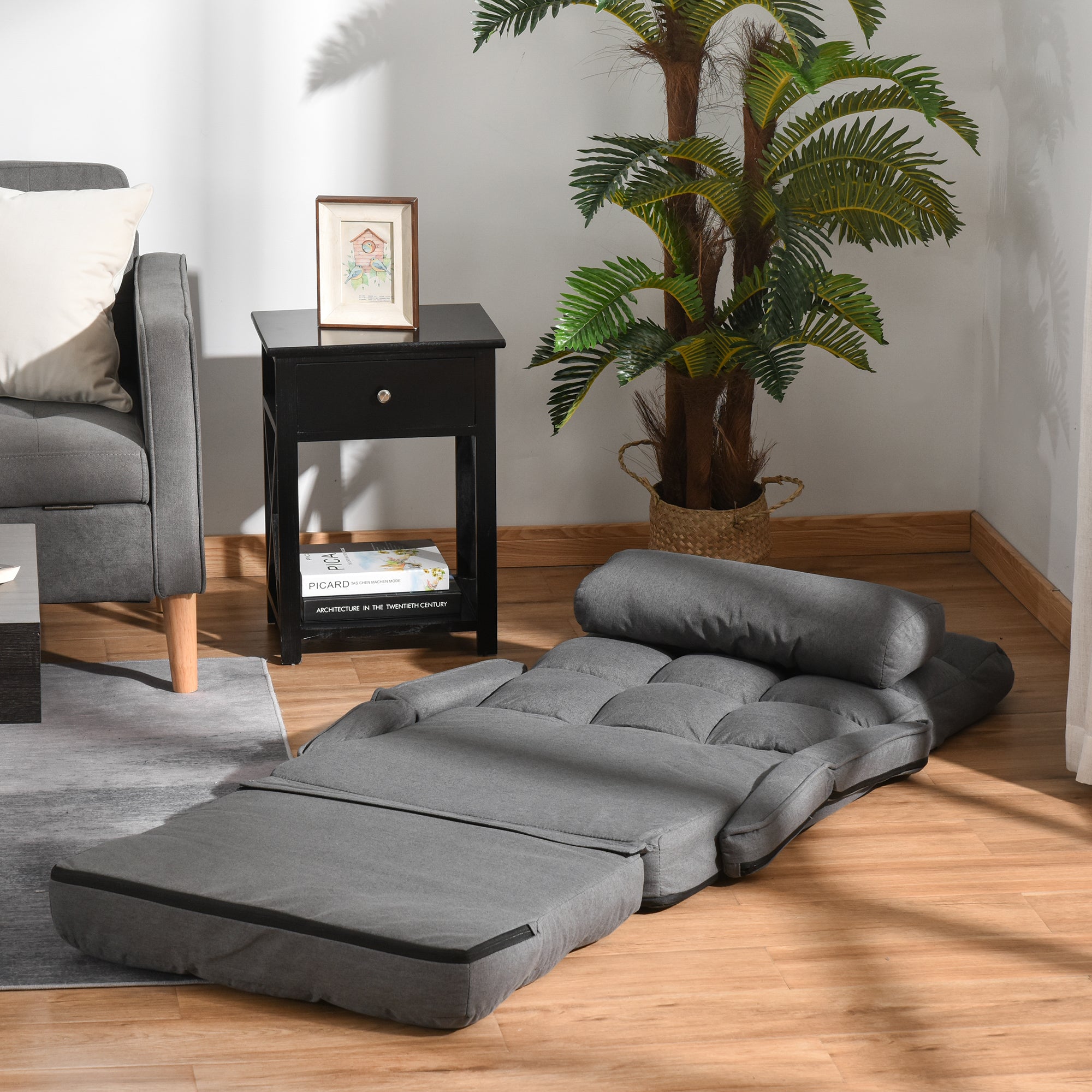 Convertible Floor Sofa Bed Recliner Armchair Upholstered Sleeper Chair with Pillow Grey