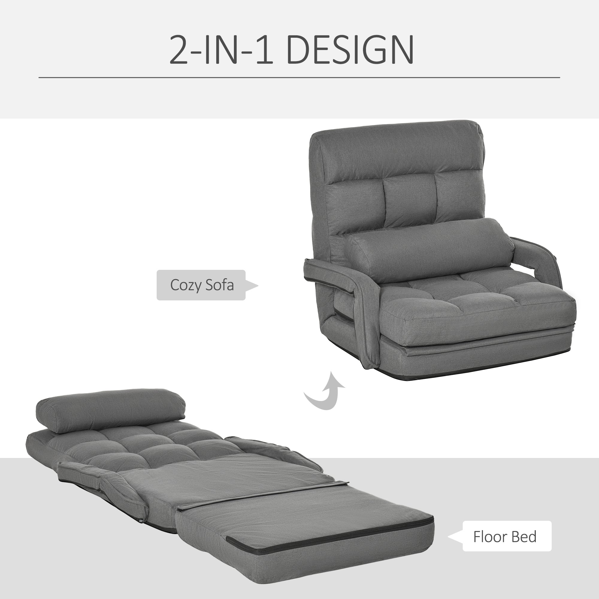 Convertible Floor Sofa Bed Recliner Armchair Upholstered Sleeper Chair with Pillow Grey