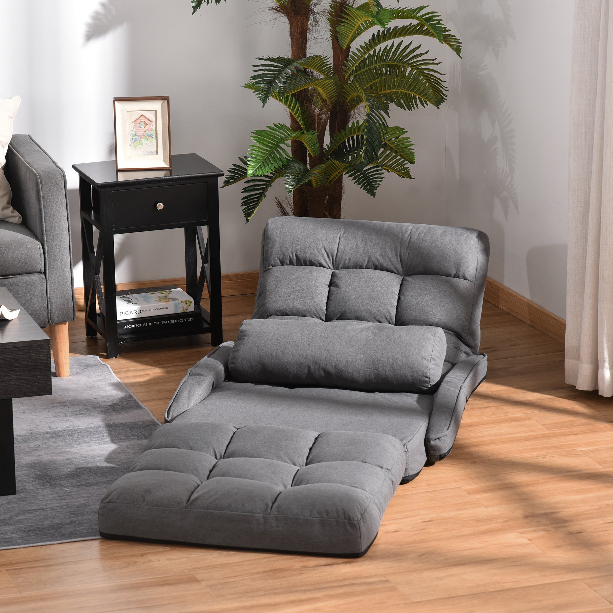 Convertible Floor Sofa Bed Recliner Armchair Upholstered Sleeper Chair with Pillow Grey
