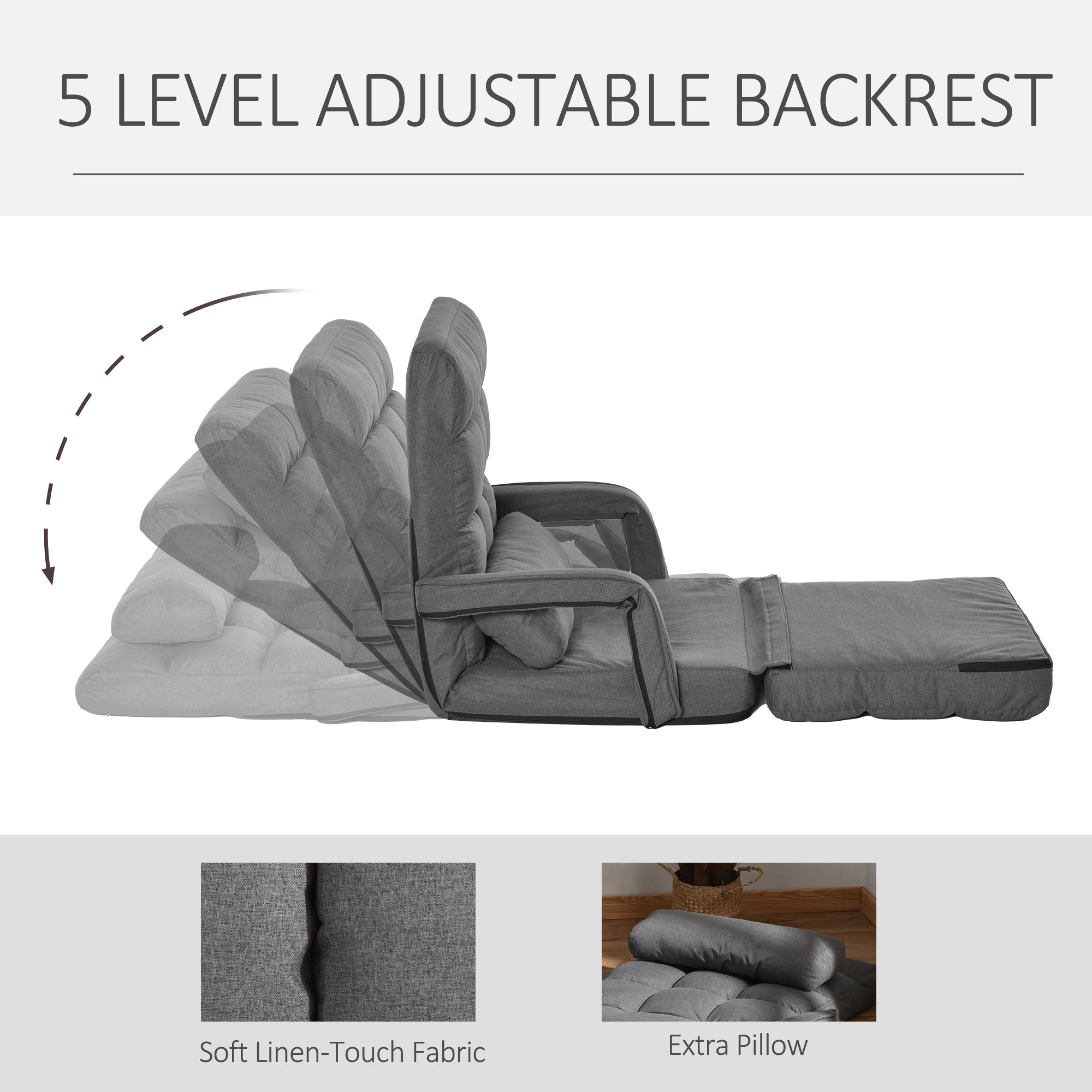 Convertible Floor Sofa Bed Recliner Armchair Upholstered Sleeper Chair with Pillow Grey