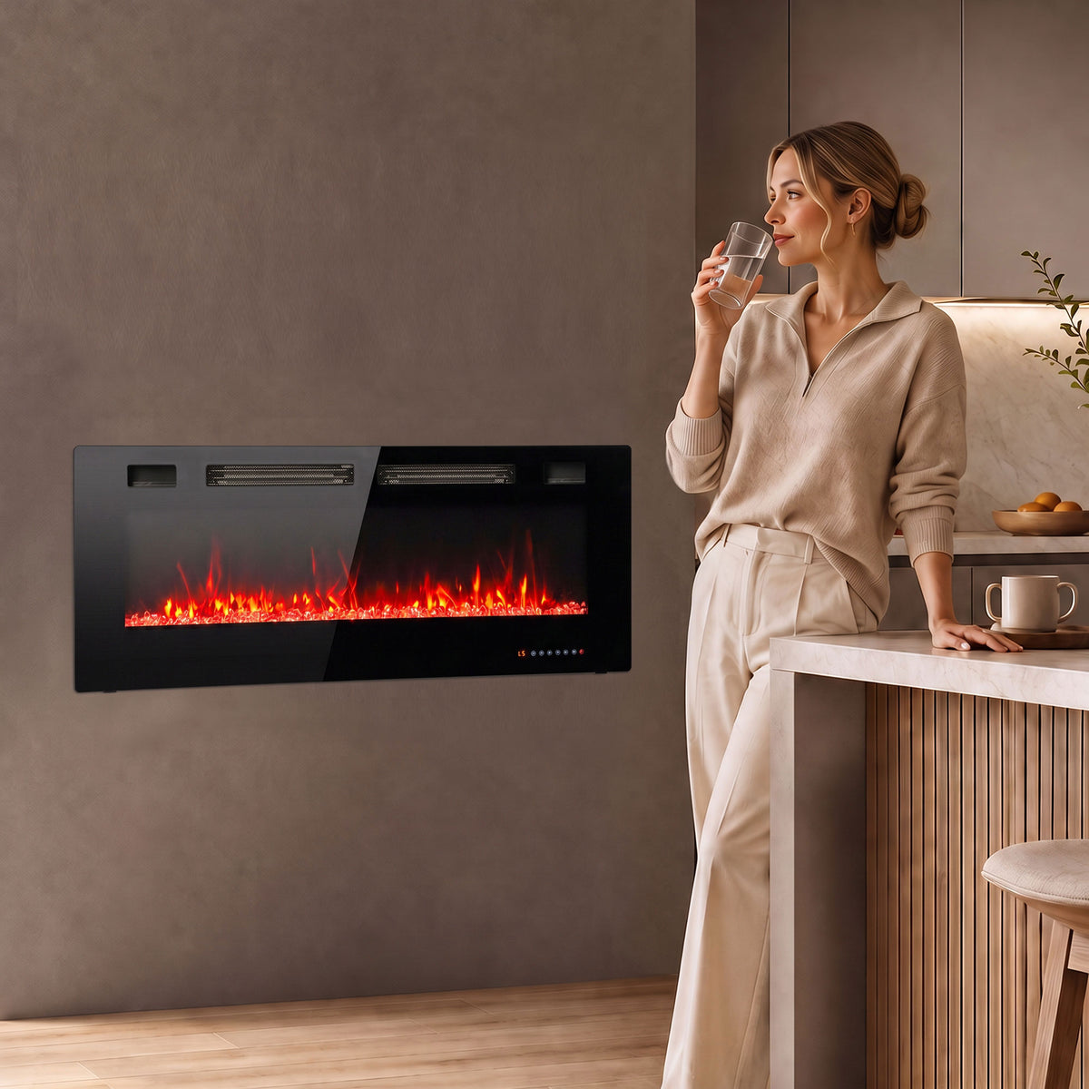 50\" Electric Fireplace Insert, Ultra-Thin Recessed, Wall Mounted and Freestanding Fireplace w/ Flame Effect, Adjustable Brightness, Crystal Stone, Remote, 750W/1500W, Black