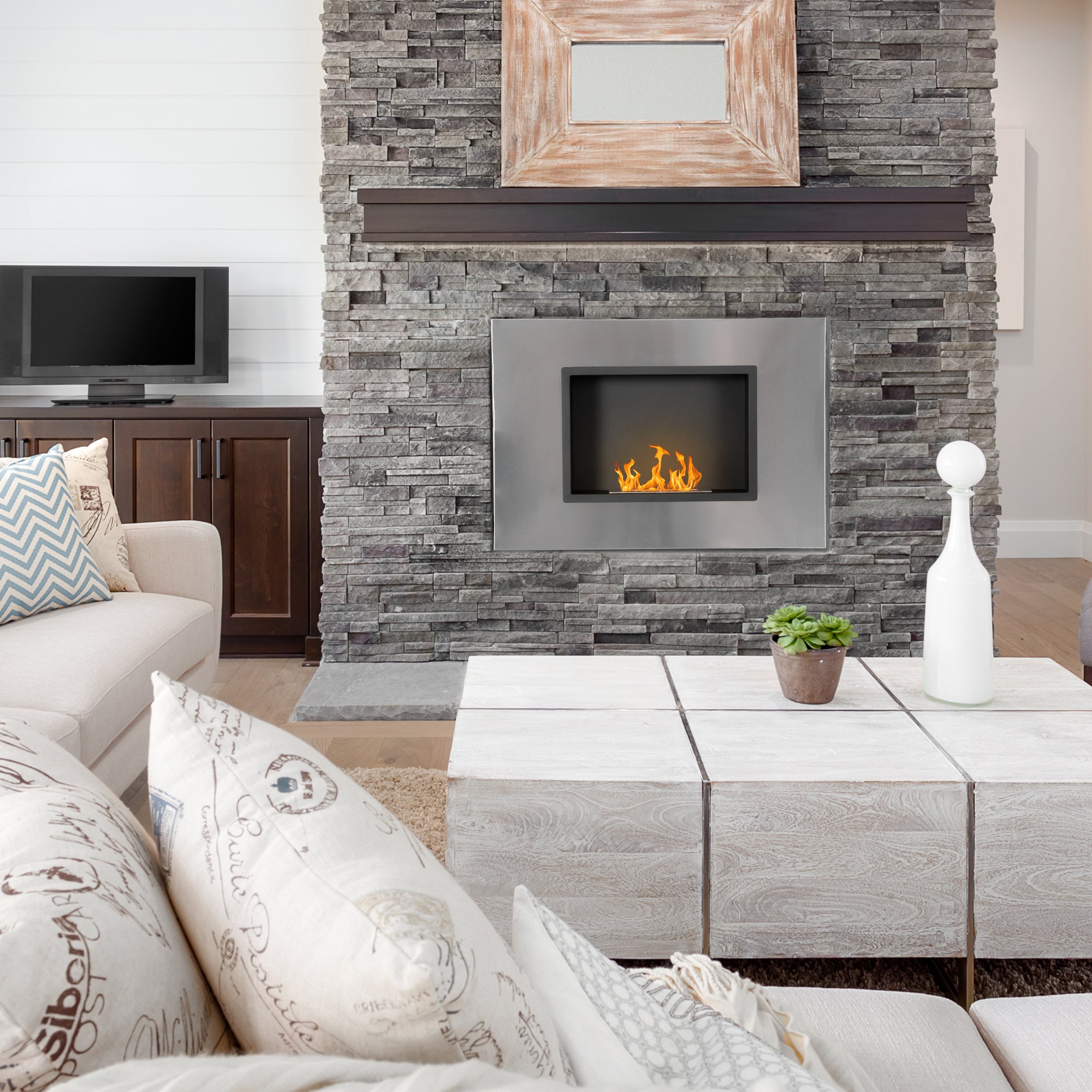 HOMCOM Wall Mounted Ethanol Fireplace, Stainless Steel Bioethanol Heater Stove Fire with 1.5L Tank, 3 Hour Burning Time, Silver