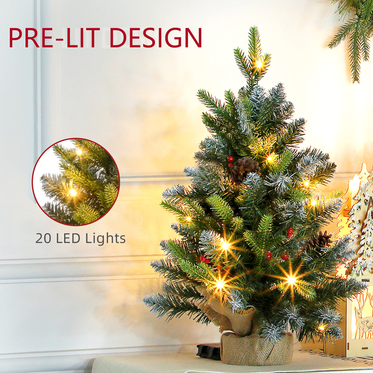 Set of 2 2ft Pre-Lit Artificial Christmas Trees with 20 Warm White Lights and 141 Tips, Burlap Base, Xmas Tree for Home Office Holiday, Green