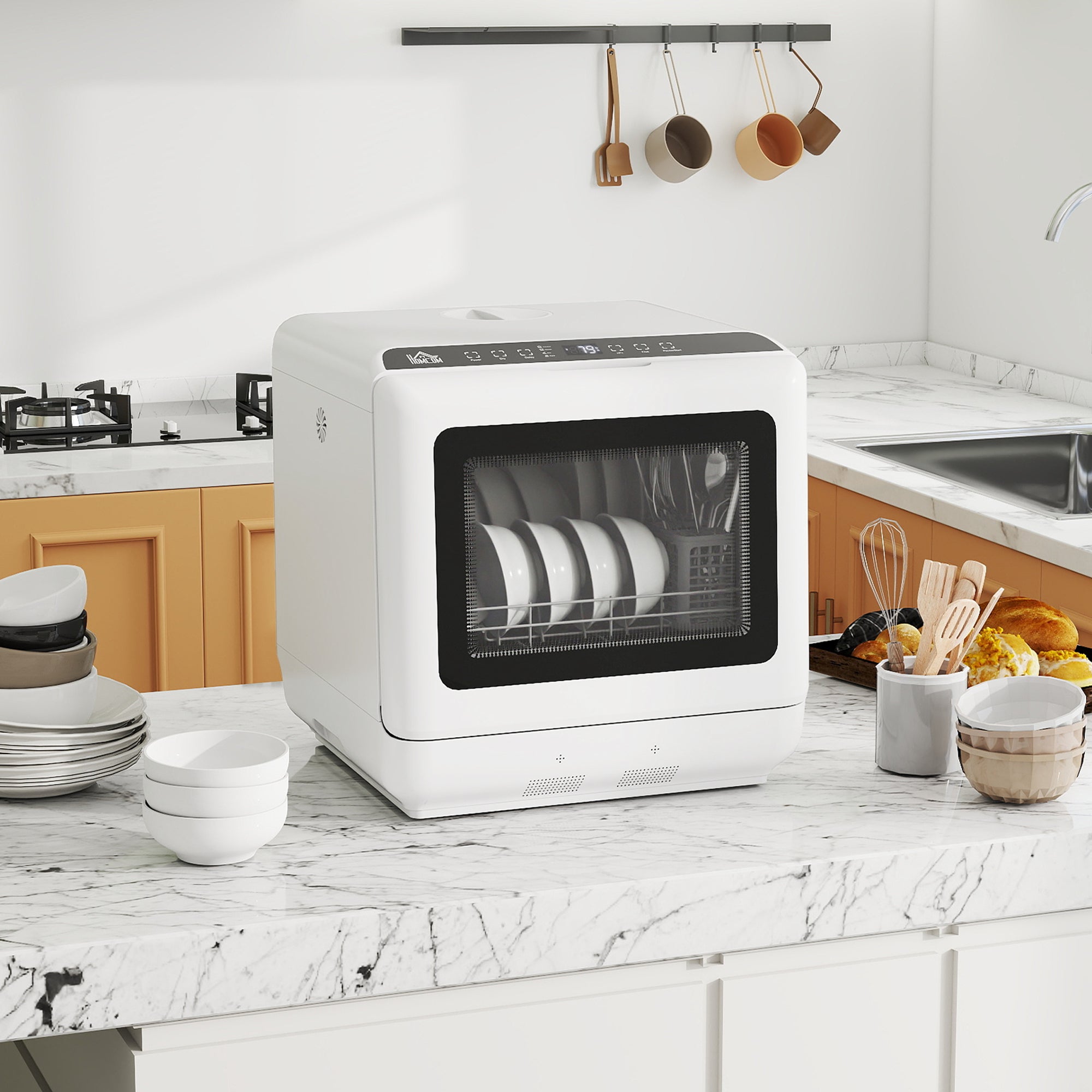 Tabletop Dishwasher, Mini Countertop Dishwasher with Built-in 6L Water Tank, 6 Programs, Touch Control, LED Display, 4 Place Settings, Dual Water Supply and Air Drying Function, White