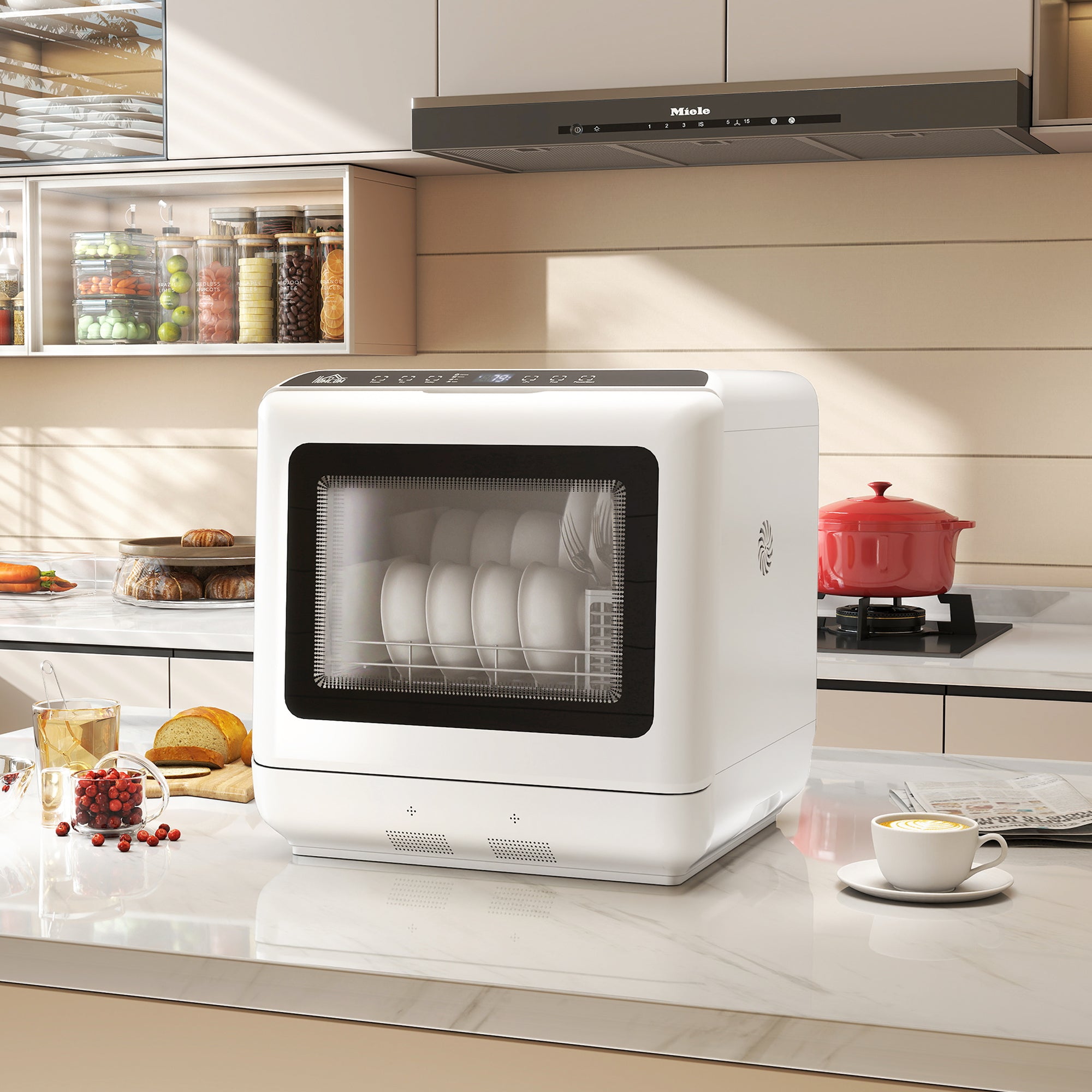 Tabletop Dishwasher, Mini Countertop Dishwasher with Built-in 6L Water Tank, 6 Programs, Touch Control, LED Display, 4 Place Settings, Dual Water Supply and Air Drying Function, White