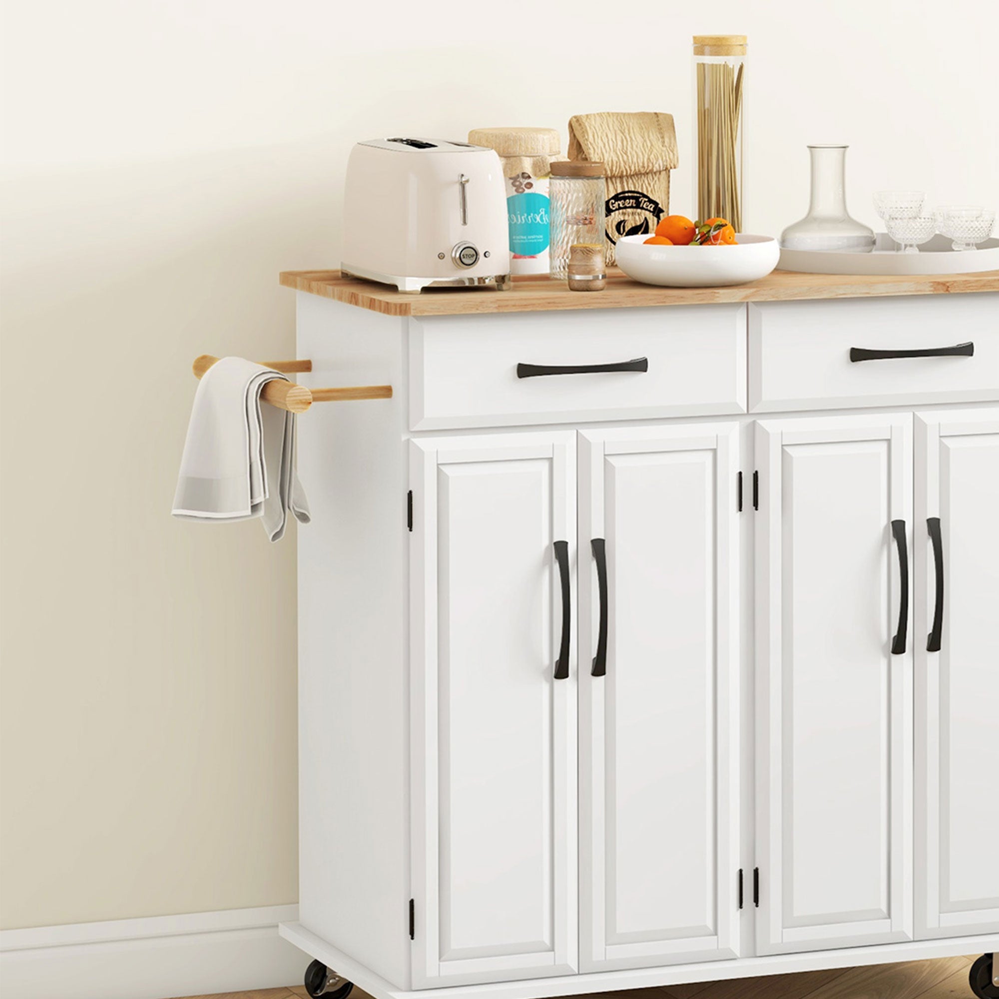 HOMCOM Kitchen Island with Storage, Rolling Kitchen Cart on Wheels with 2 Drawers, 2 Cabinets, Rubberwood Top and Towel Racks (White)