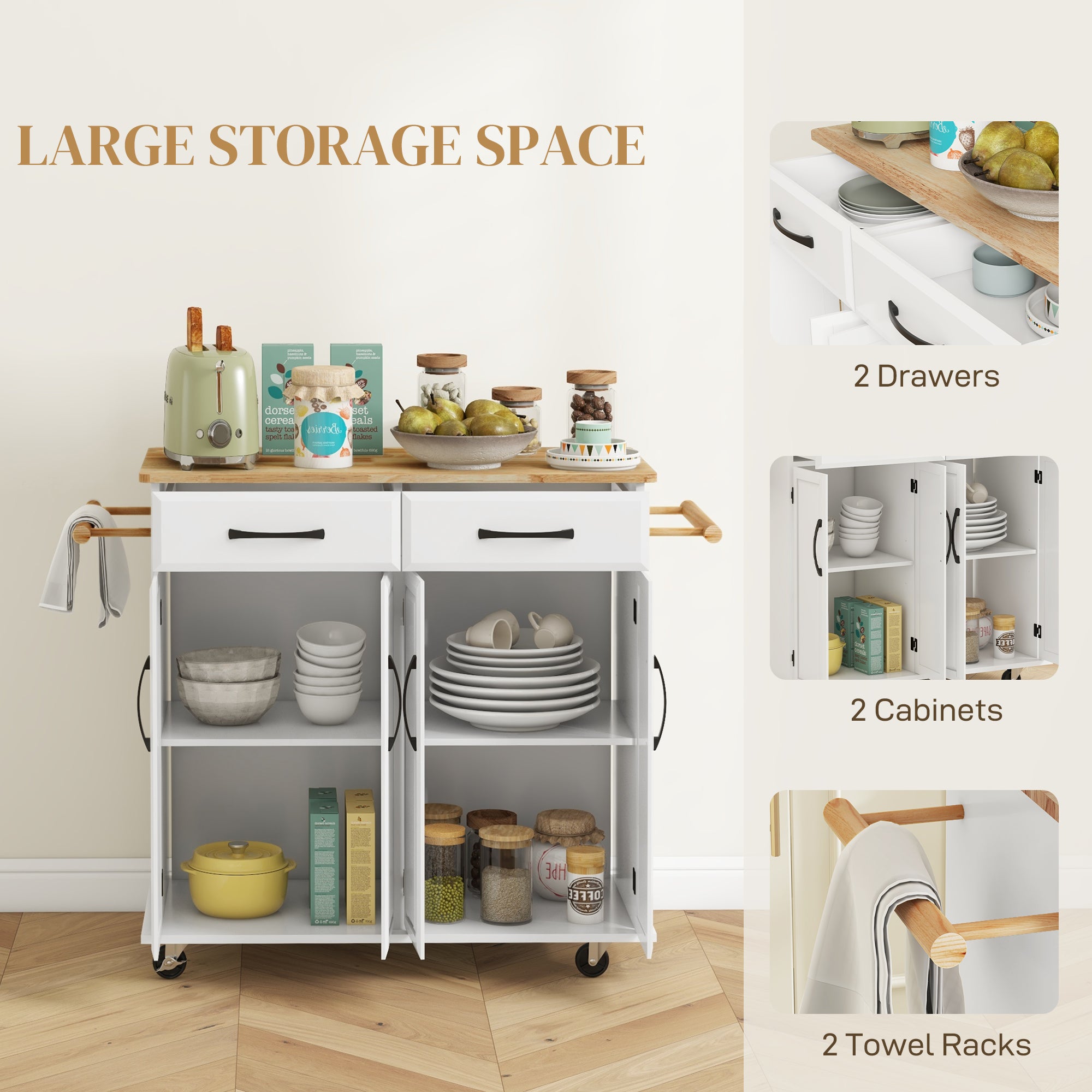 HOMCOM Kitchen Island with Storage, Rolling Kitchen Cart on Wheels with 2 Drawers, 2 Cabinets, Rubberwood Top and Towel Racks (White)