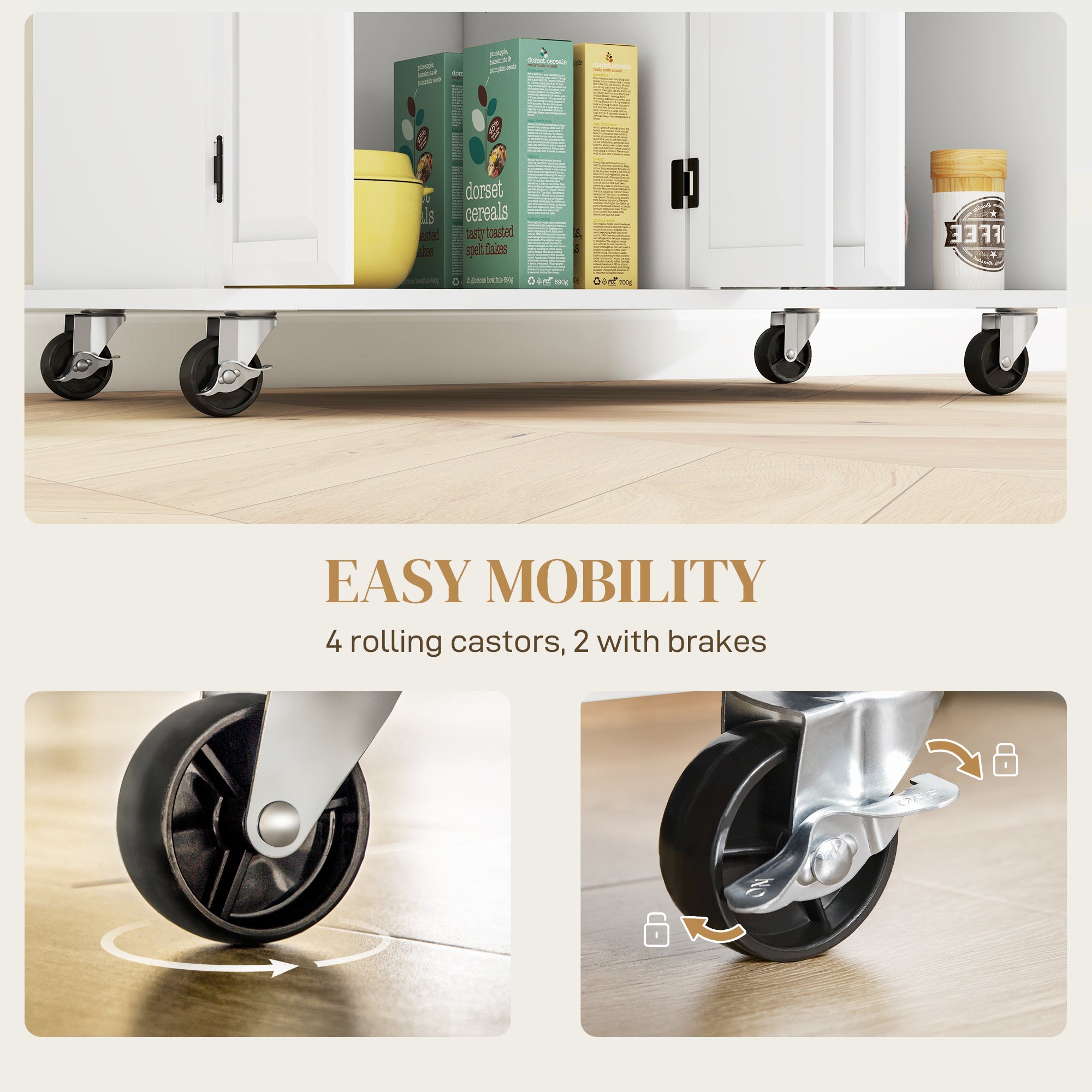 HOMCOM Kitchen Island with Storage, Rolling Kitchen Cart on Wheels with 2 Drawers, 2 Cabinets, Rubberwood Top and Towel Racks (White)