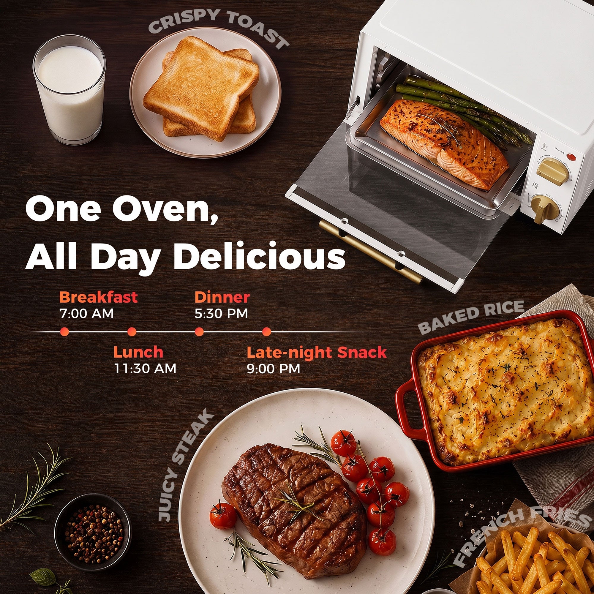 Mini Oven, 9L Countertop Electric Grill, Toaster Oven with Adjustable Temperature, Timer, Dishwasher Safe Baking Tray and Wire Rack, 750W, White