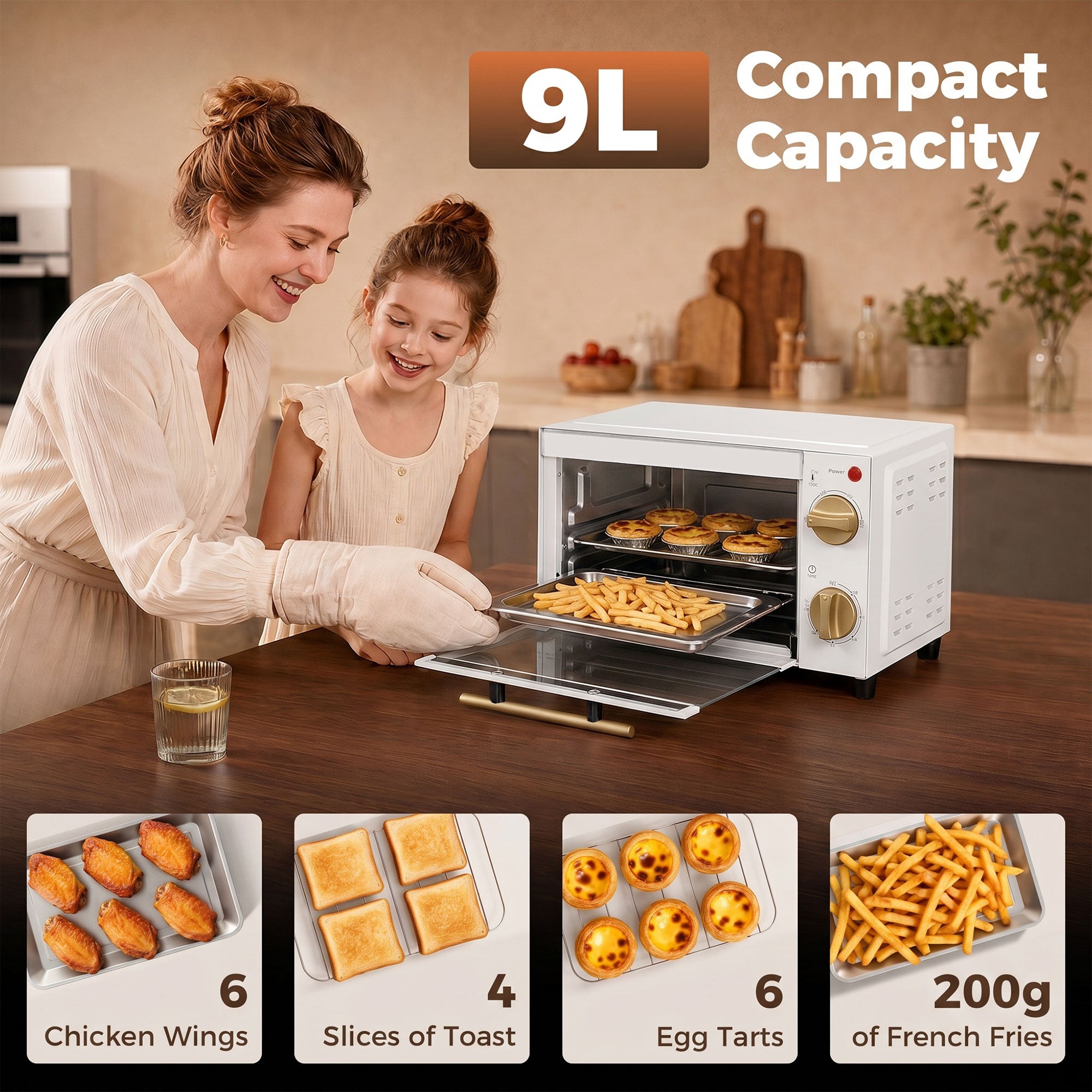 Mini Oven, 9L Countertop Electric Grill, Toaster Oven with Adjustable Temperature, Timer, Dishwasher Safe Baking Tray and Wire Rack, 750W, White