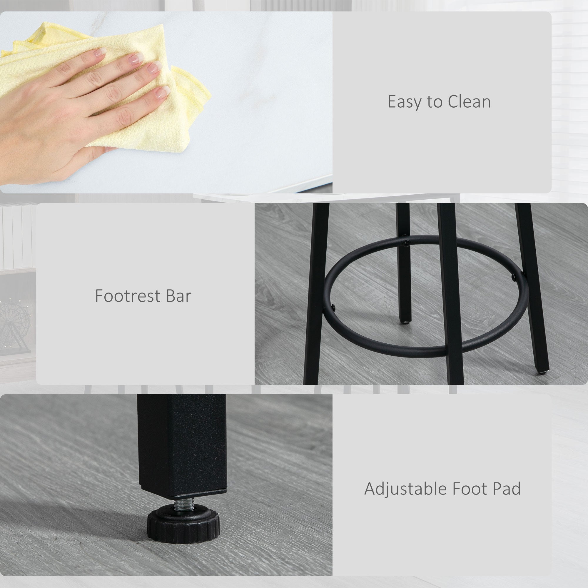 HOMCOM 3 Piece Bar Table Set, Modern Dining Table Set for 2 with Stools, Steel Frame, Footrest for Kitchen, Living Room, Small Space, White