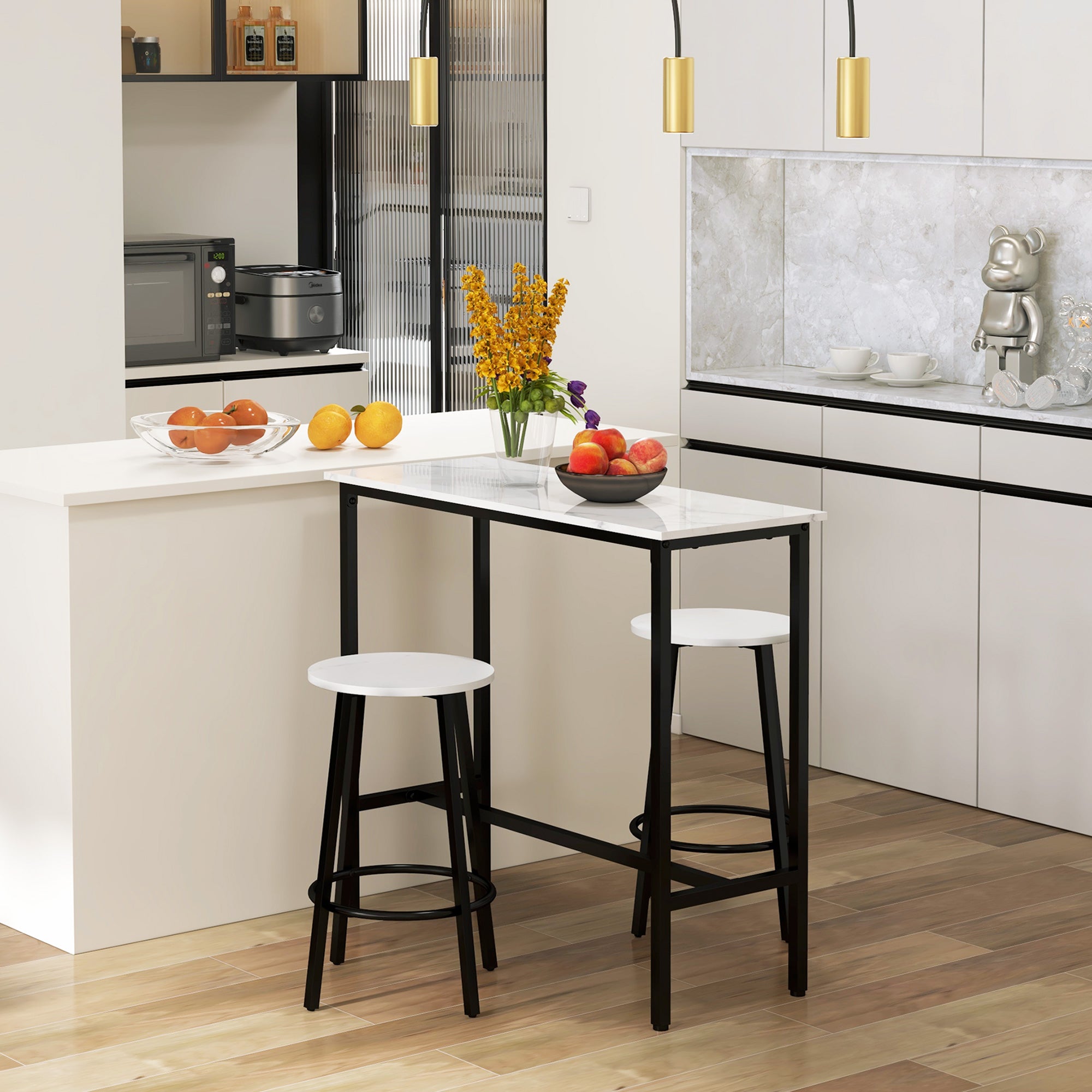 HOMCOM 3 Piece Bar Table Set, Modern Dining Table Set for 2 with Stools, Steel Frame, Footrest for Kitchen, Living Room, Small Space, White