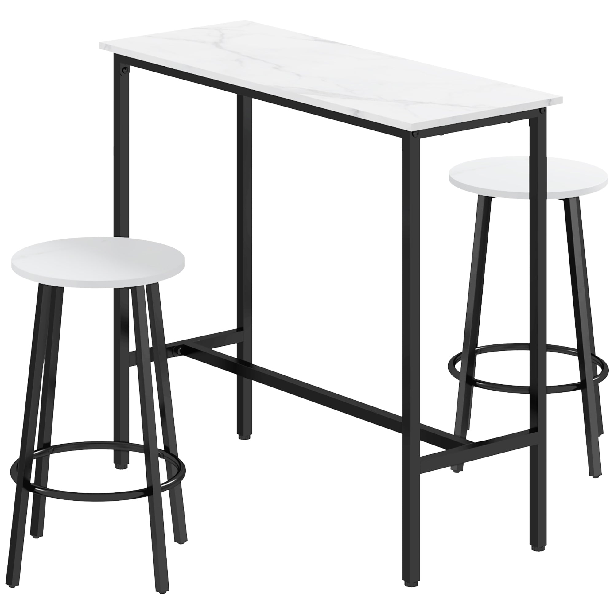 HOMCOM 3 Piece Bar Table Set, Modern Dining Table Set for 2 with Stools, Steel Frame, Footrest for Kitchen, Living Room, Small Space, White