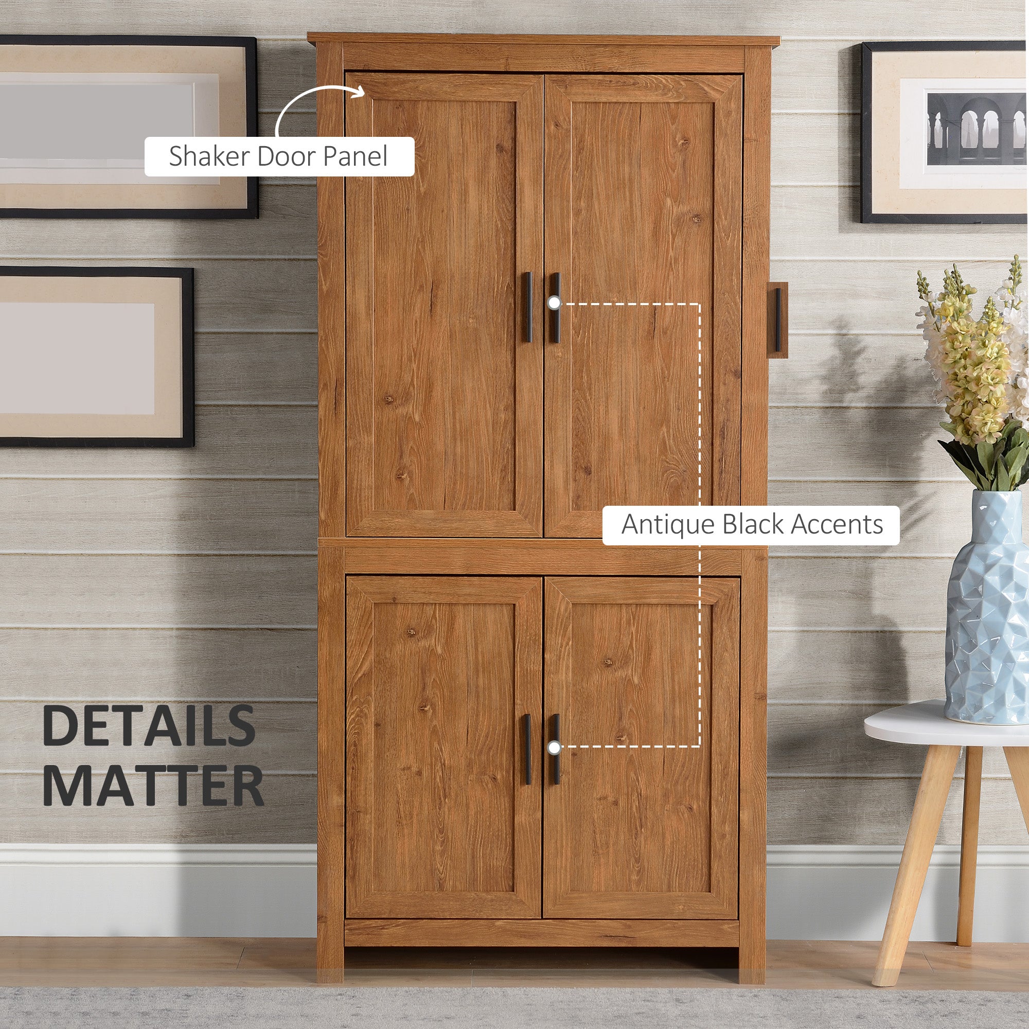 HOMCOM 64" Kitchen Pantry Cabinet, Freestanding Storage Cabinet with 4 Doors and 3 Adjustable Shelves for Dining Room, Oak