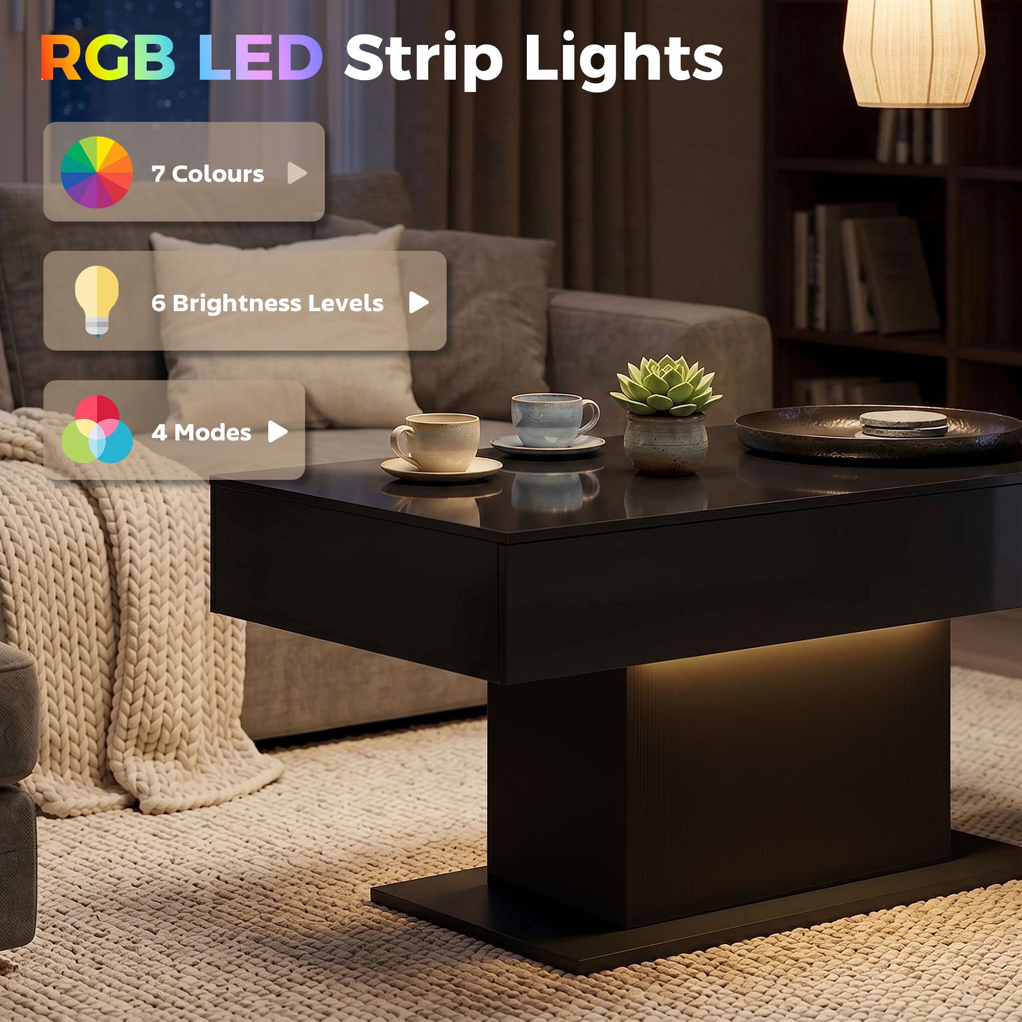 LED Coffee Table with Storage, High Gloss Modern Center Table with 2 Drawers and Remote Control for Living Room, Black