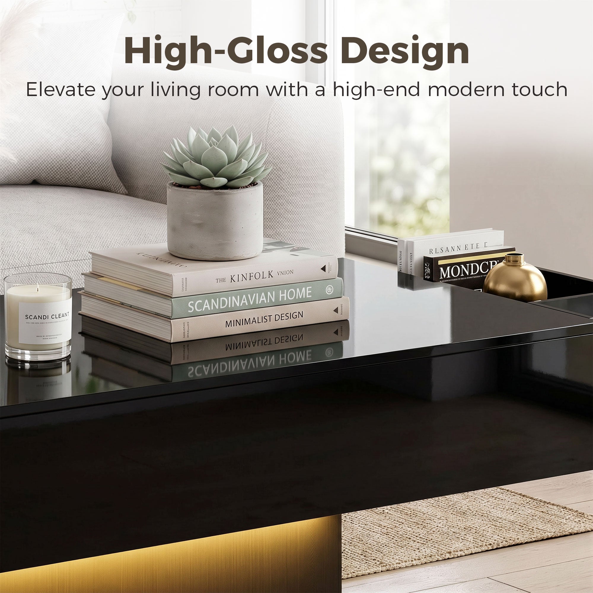 LED Coffee Table with Storage, High Gloss Modern Center Table with 2 Drawers and Remote Control for Living Room, Black