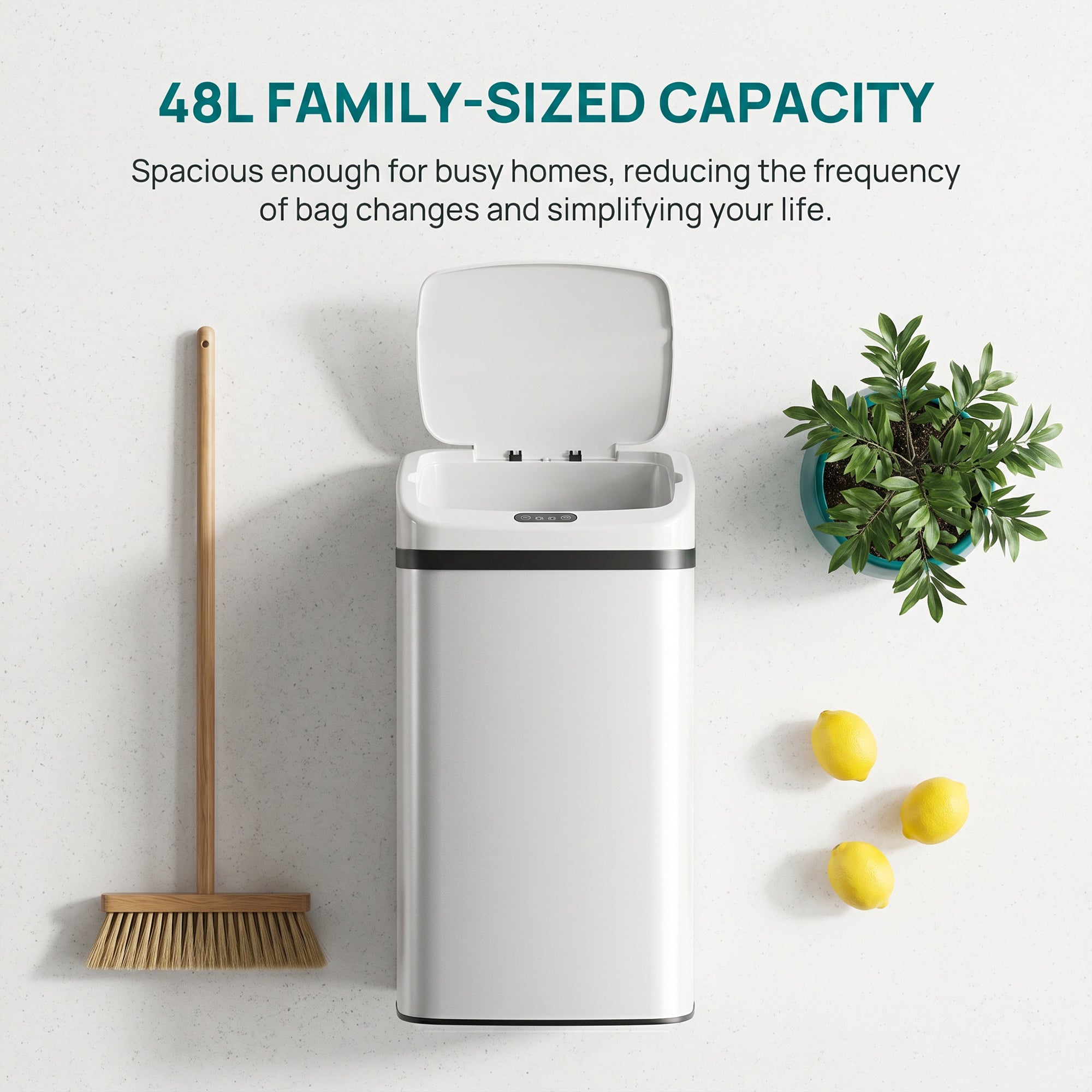 48L Sensor Bin, Stainless Steel Kitchen Bin with Automatic Soft Close Lid and Fingerprint-Proof for Recycling and Waste, White