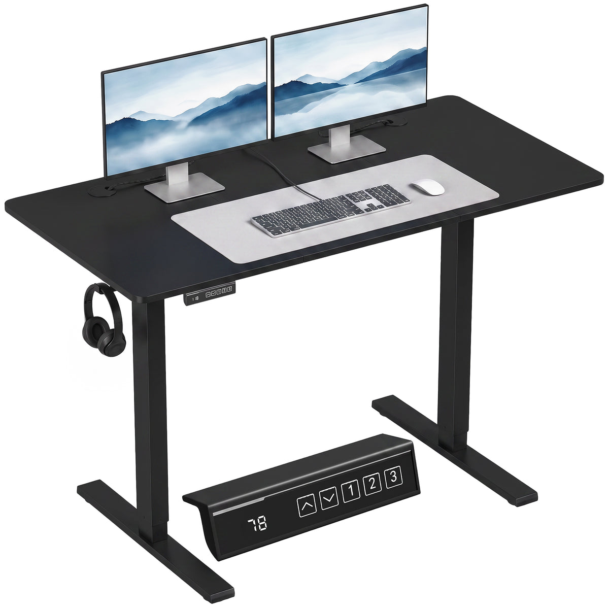 Electric Standing Desk Height Adjustable 120 x 60cm, Sit Stand Desk with 3 Memory Presets, Quiet Home Office Computer Desk with LED Display, Cable Holes & Hooks for Bedroom, Home Office, Black