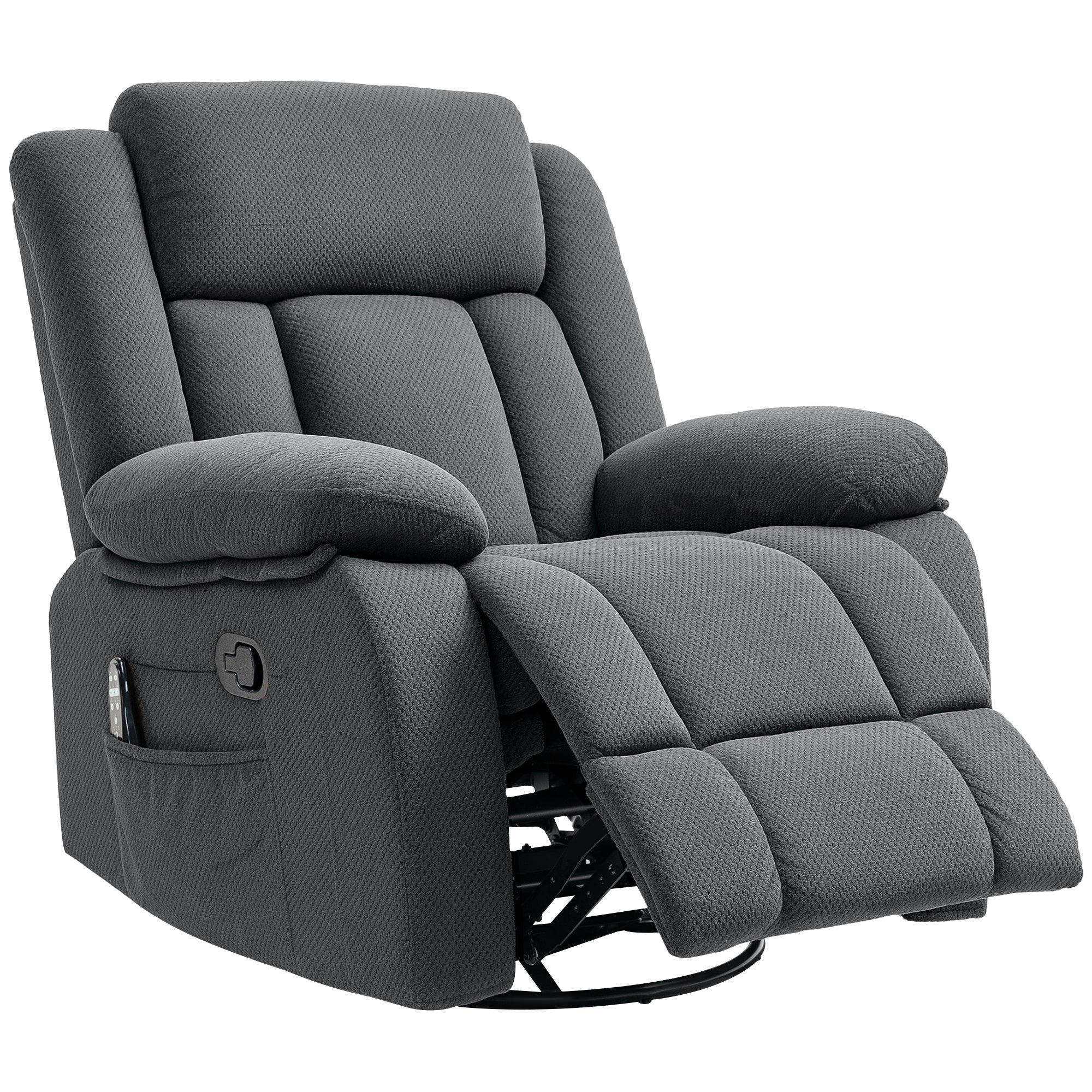 HOMCOM Recliner Chair with Vibration Massage and Heat, Oversized Swivel Rocker Single Sofa with Footrest, Remote and Side Pockets, Velvet Fabric Manual Reclining Chair for Living Room, Gray