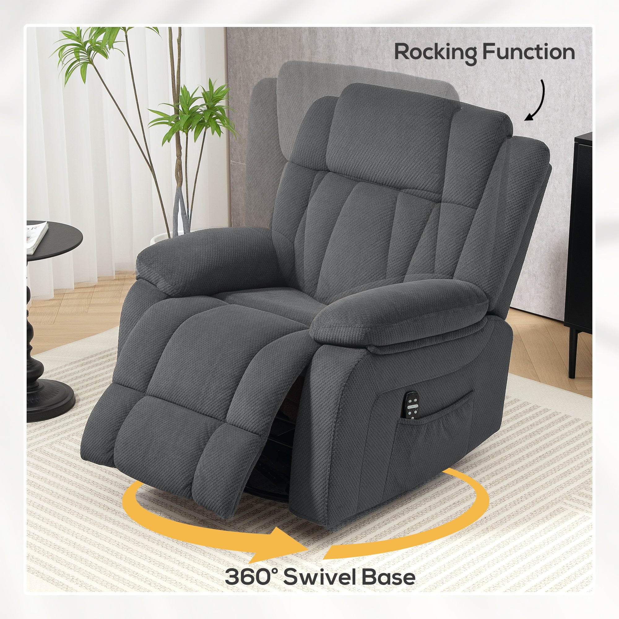 HOMCOM Recliner Chair with Vibration Massage and Heat, Oversized Swivel Rocker Single Sofa with Footrest, Remote and Side Pockets, Velvet Fabric Manual Reclining Chair for Living Room, Gray