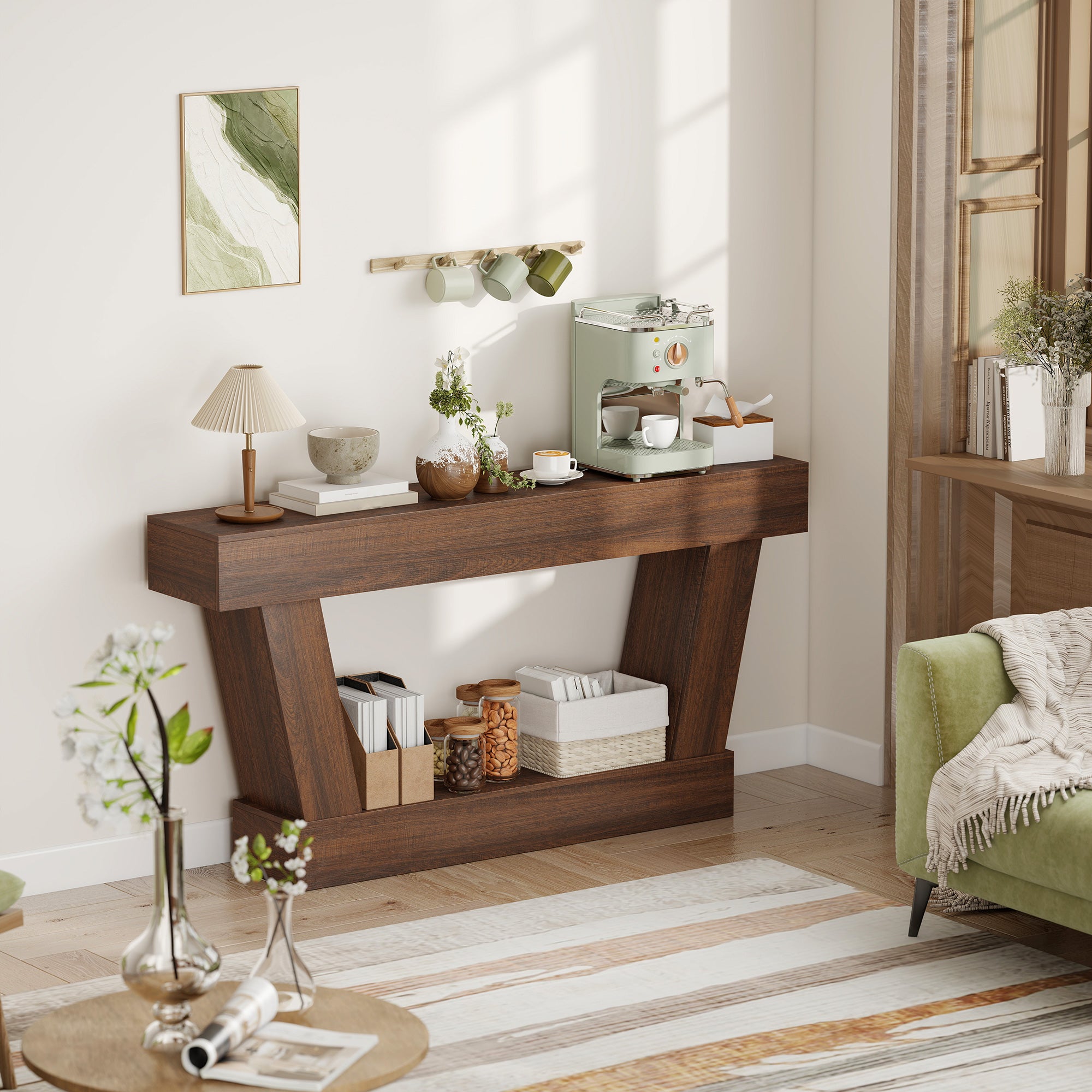 63 Inch Vintage Entryway Table, Narrow Console Tables For Entryway, Sofa Table Behind Couch with Open Shelf, for Living Room, Hallway, Brown