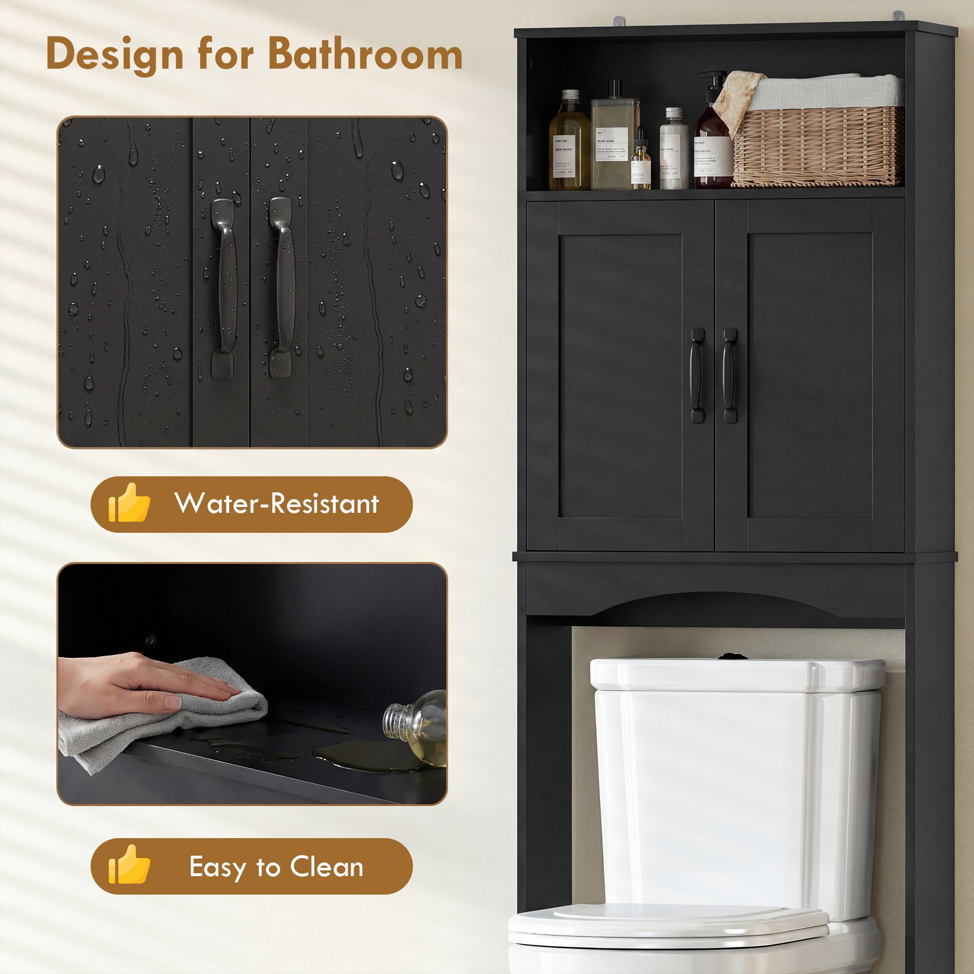 Over the Toilet Storage Cabinet, Over Toilet Bathroom Organizer with 2 Doors and Open Shelf, Freestanding Above Restroom Space Saver for Bathroom, Laundry, Restroom, Black