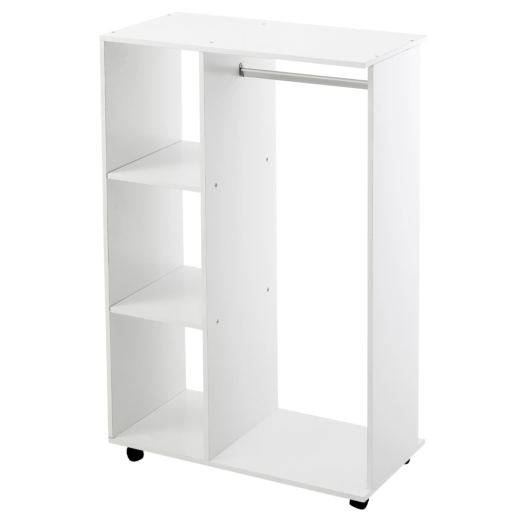 HOMCOM Open Wardrobe on Wheels with Clothes Rail, Bedroom Clothes Storage with Hanging Rod, 3 Storage Shelves, Mobile Garment Rack for Cloakroom, Hallway, White