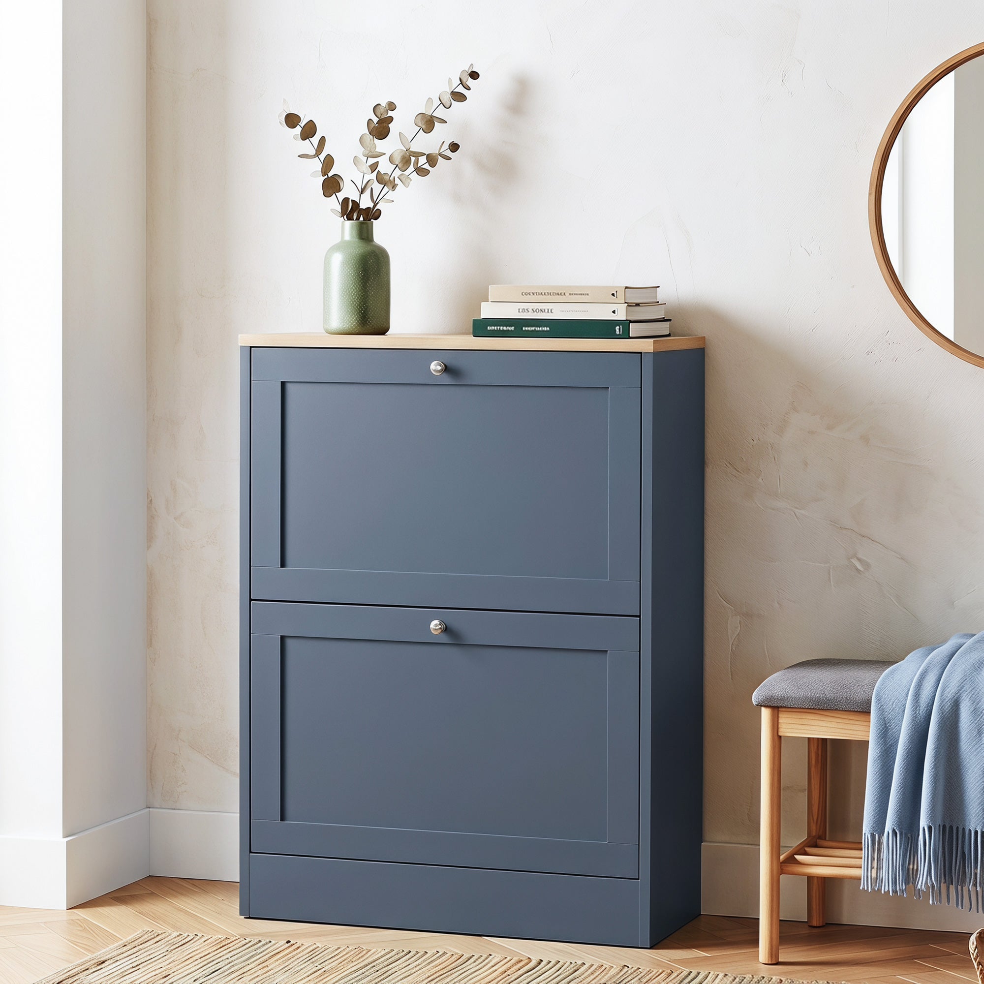 Shoe Storage Cabinet with 2 Flip Drawers, Wooden Freestanding Shoe Organizer with Adjustable Shelves for Entryway, Hallway, Blue