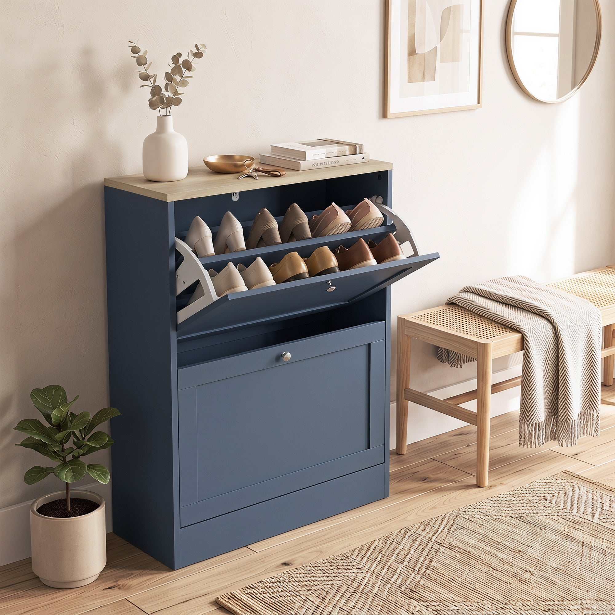 Shoe Storage Cabinet with 2 Flip Drawers, Wooden Freestanding Shoe Organizer with Adjustable Shelves for Entryway, Hallway, Blue