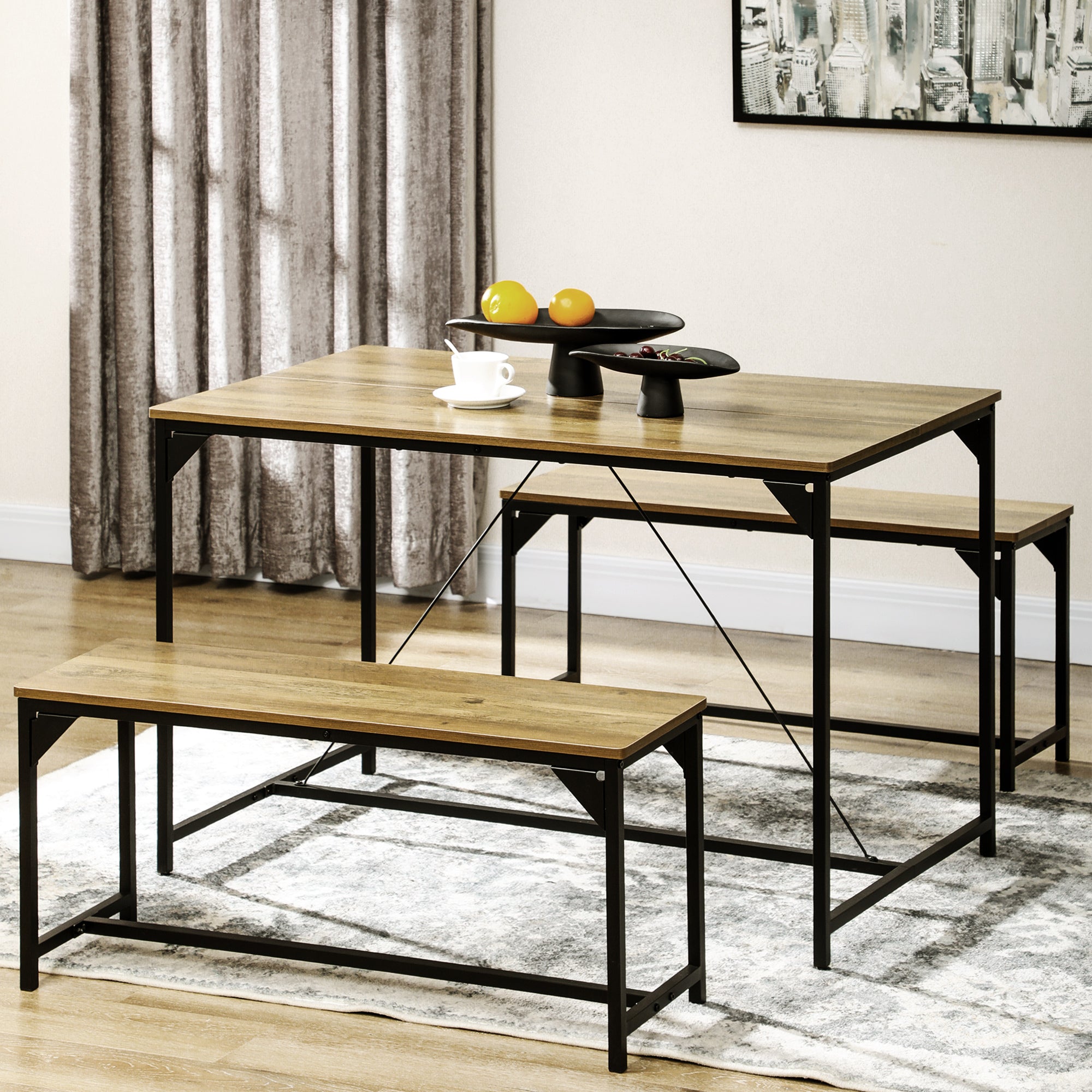 HOMCOM Dining Table and Bench Set for 4, Kitchen Table with 2 Benches, Space Saving Dining Room Sets, Natural
