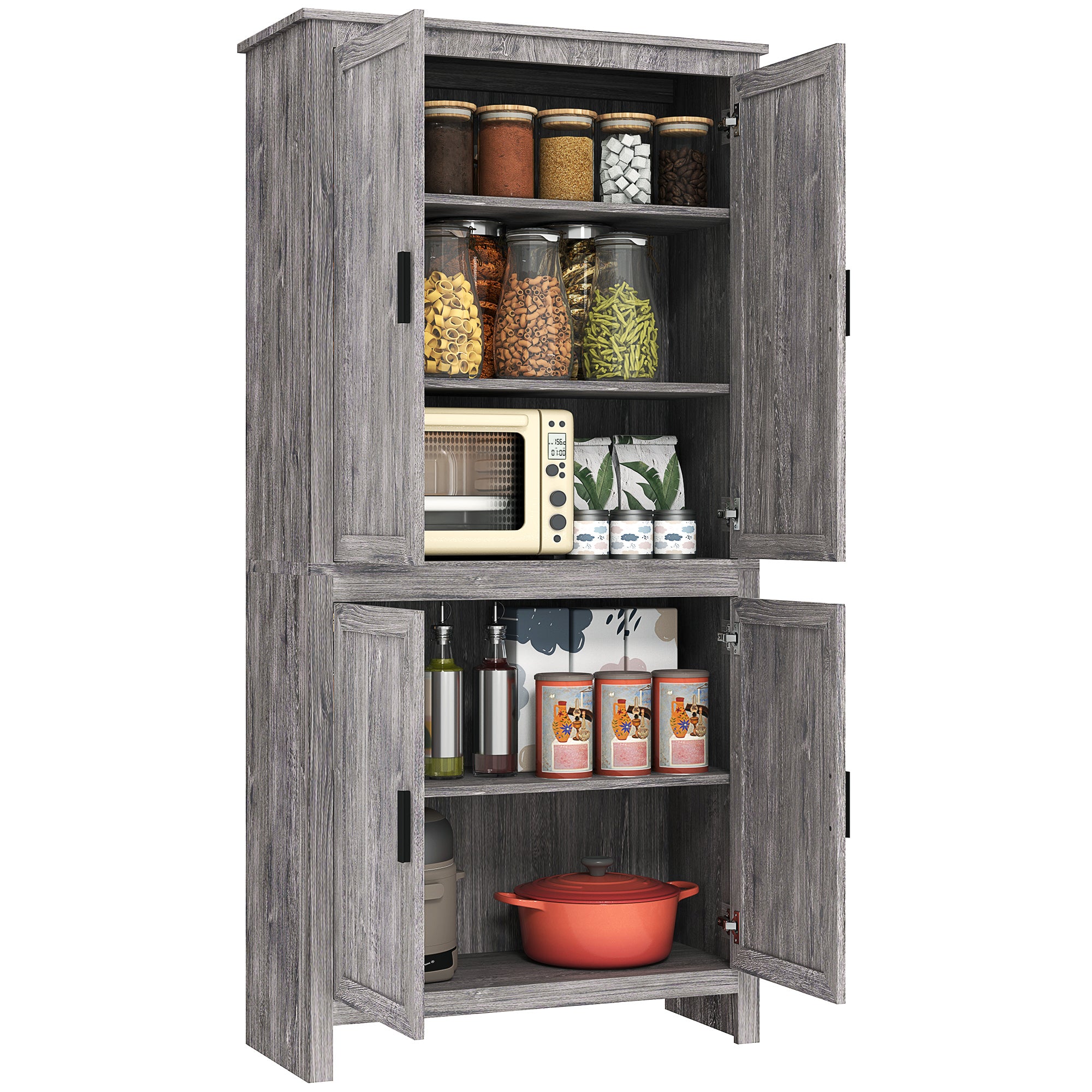 HOMCOM 64" Kitchen Pantry Cabinet, Freestanding Storage Cabinet with 4 Doors and 3 Adjustable Shelves for Dining Room, Gray Oak