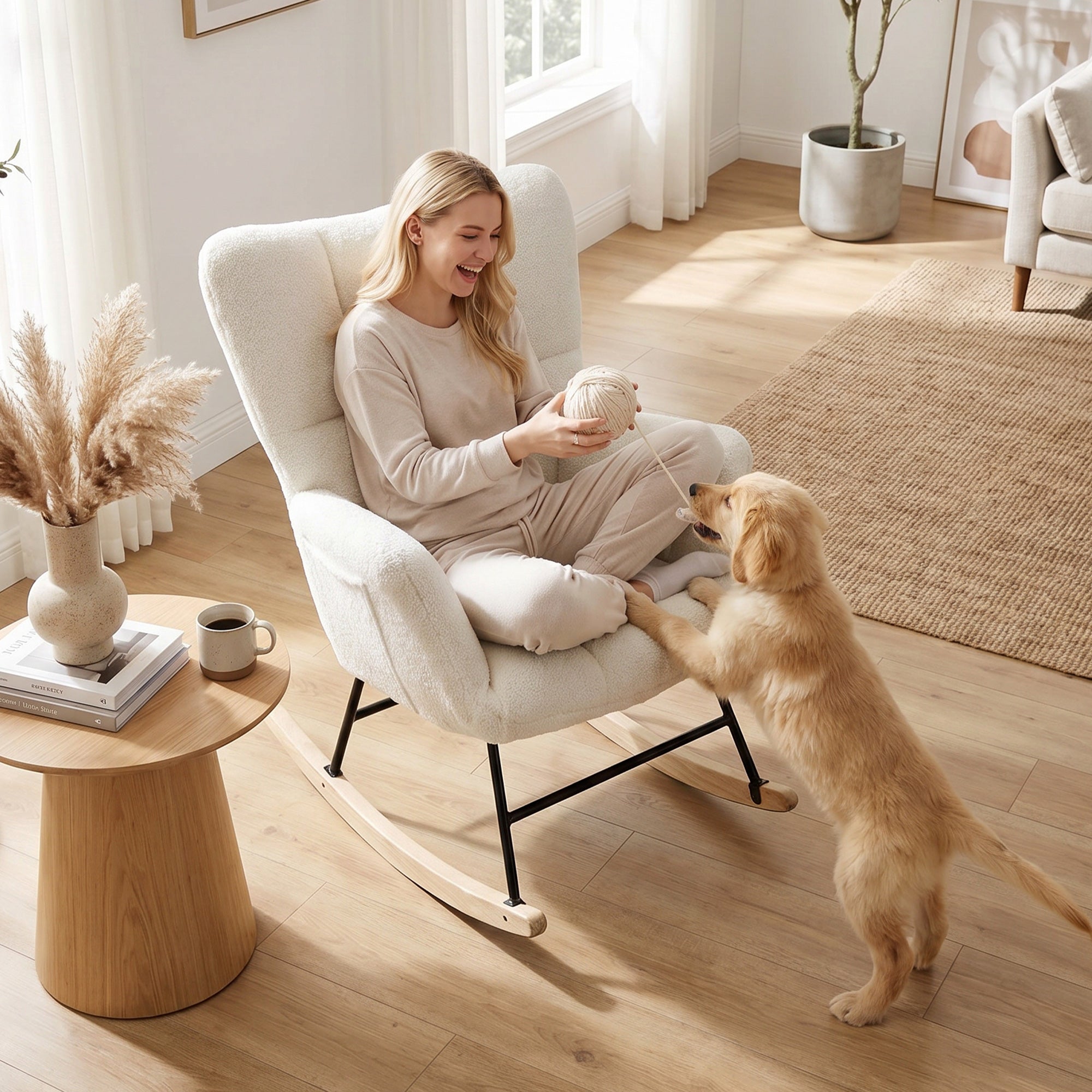 Rocking Chair with Side Pockets, Wingback Tufted Rocker Chair with Teddy Fleece Upholstered, Rubber Wood Legs for Living Room, Bedroom, Cream White