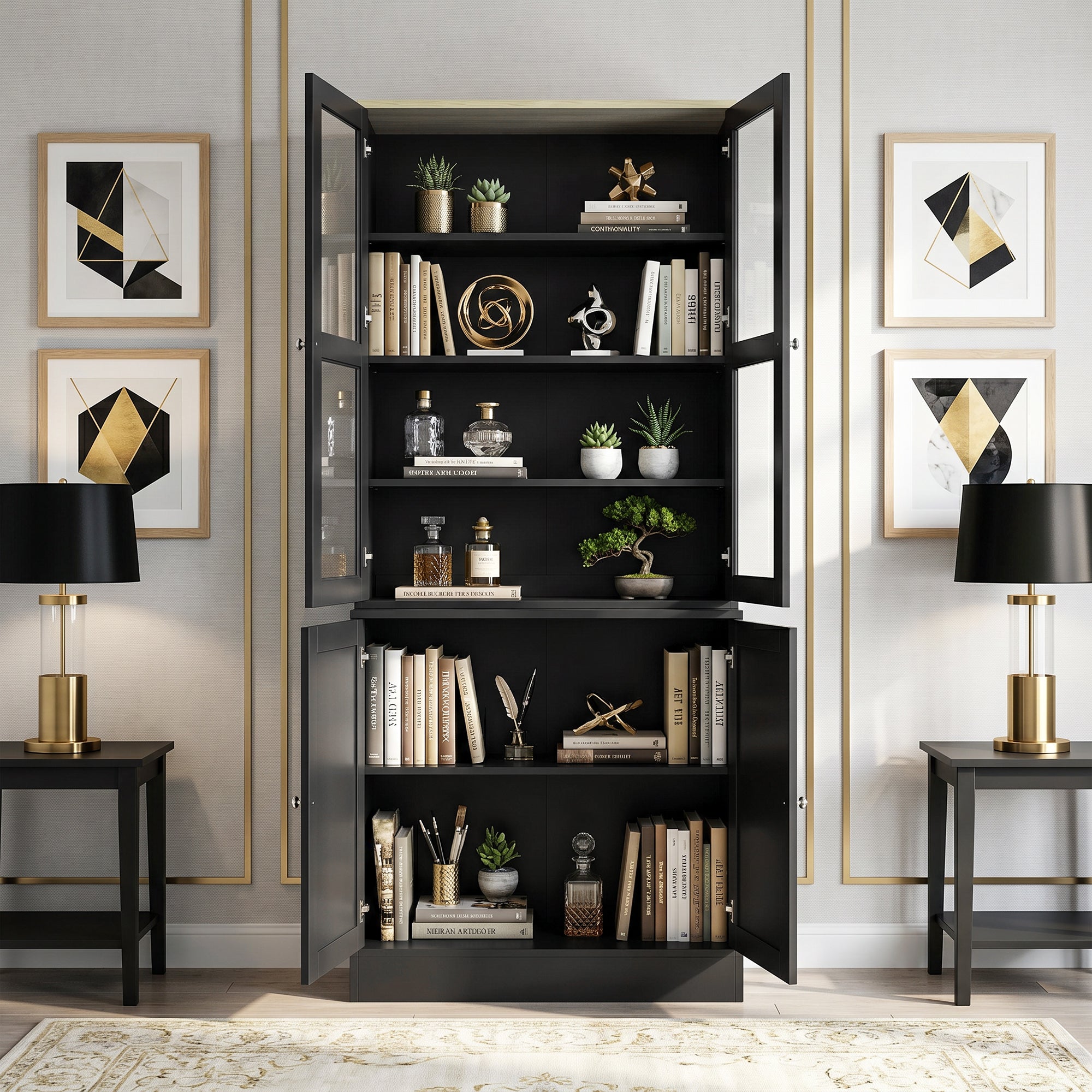 Modern Bookcase with Glass Doors, Display Storage Cabinet with Adjustable Shelves for Living Room, Study, Home Office, Kitchen Cupboard with Small Open Counter, Black