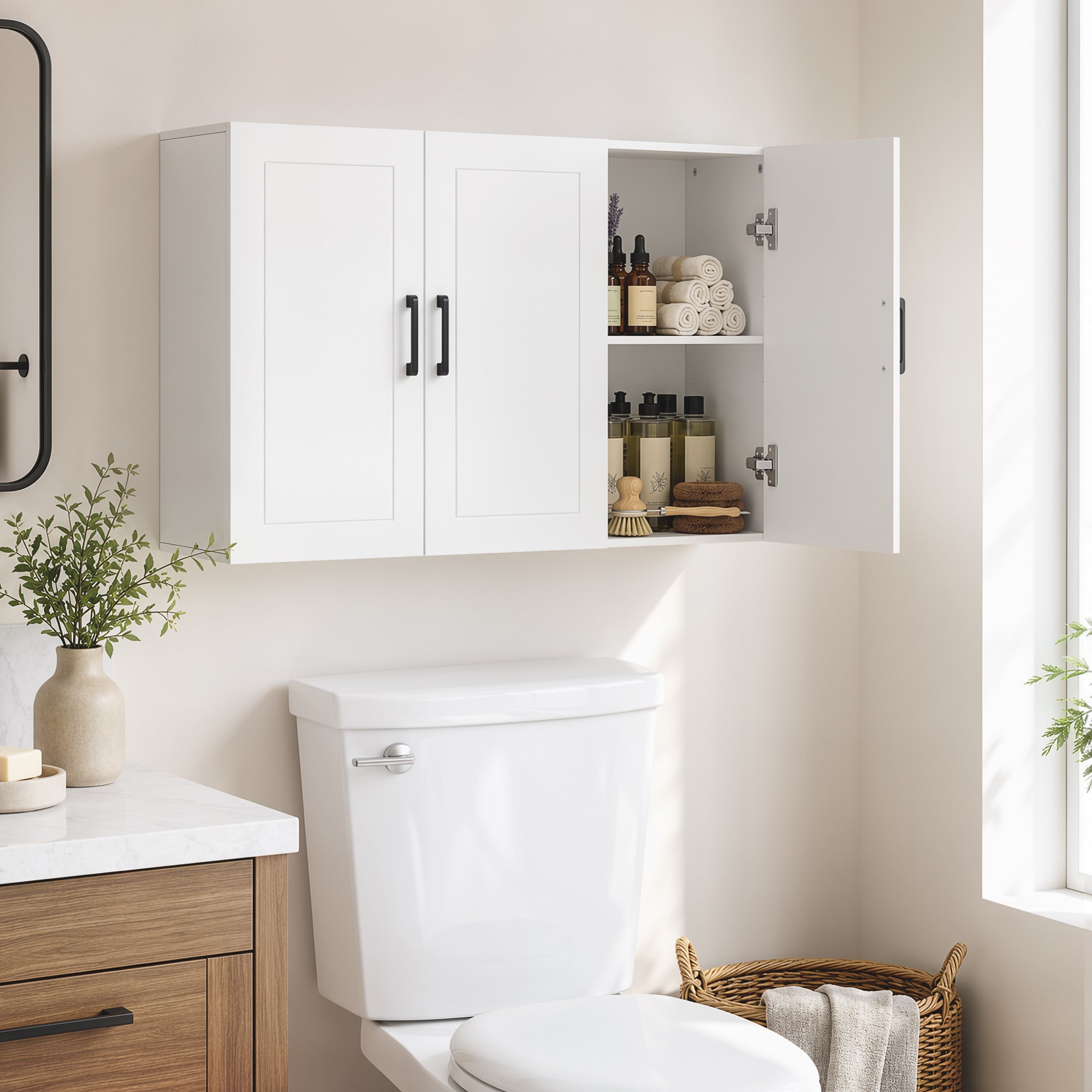 Bathroom Wall Cabinet, Wall Mounted Bathroom Cabinet, Over the Toilet Space Saver with Adjustable Shelves and Doors for Kitchen, White