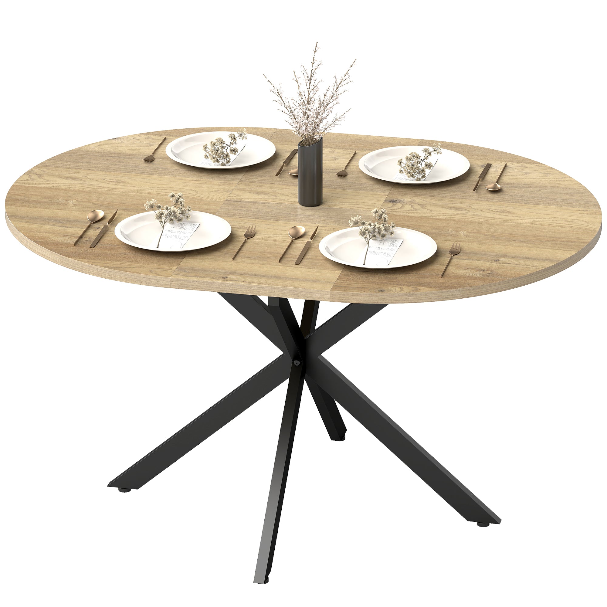 Extendable Dining Table for 4-6, 100-135 cm Kitchen Dinner Table with Butterfly Leaf and X-Shape Base, Space-Saving, Round to Oval for Home, Living Room, Natural Wood