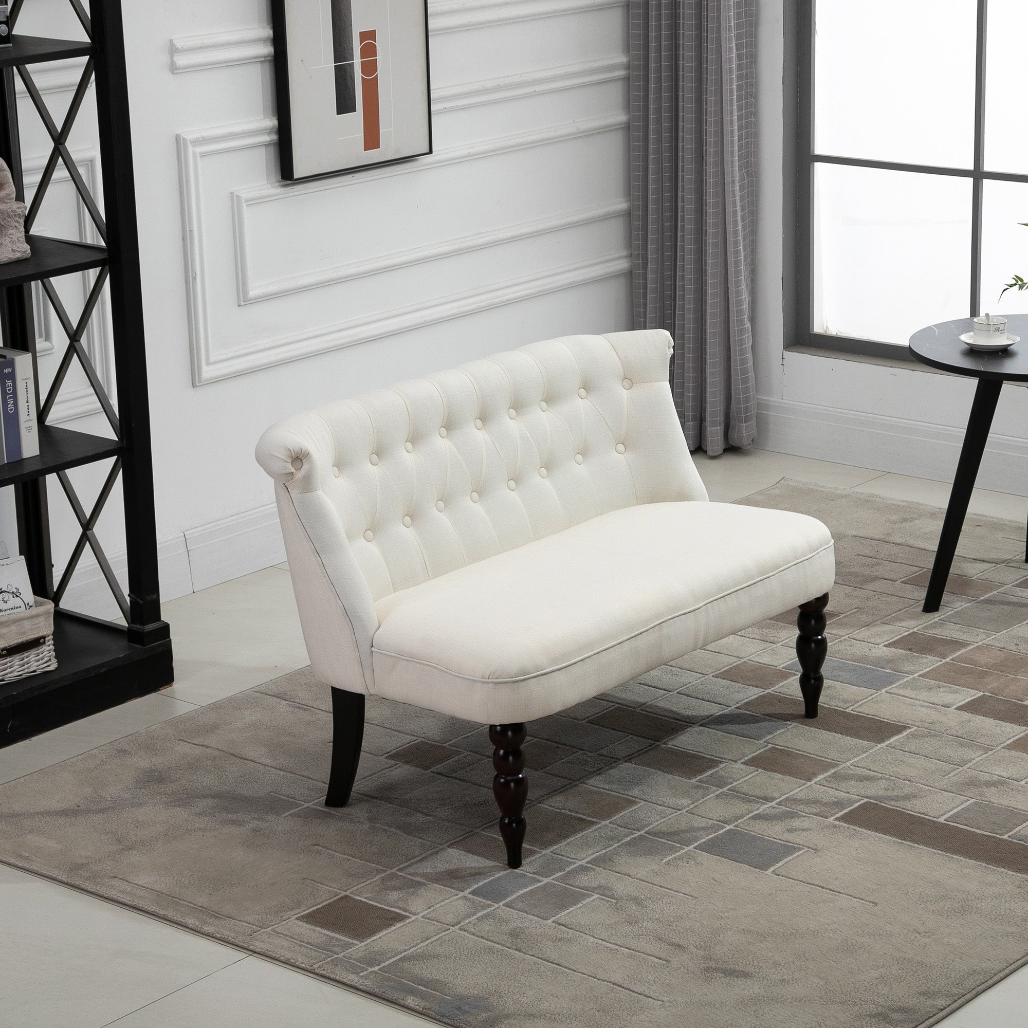 Upholstered Armless Fabric Loveseat with Button Tufted Design for Living Room with Wood Legs, Cream White