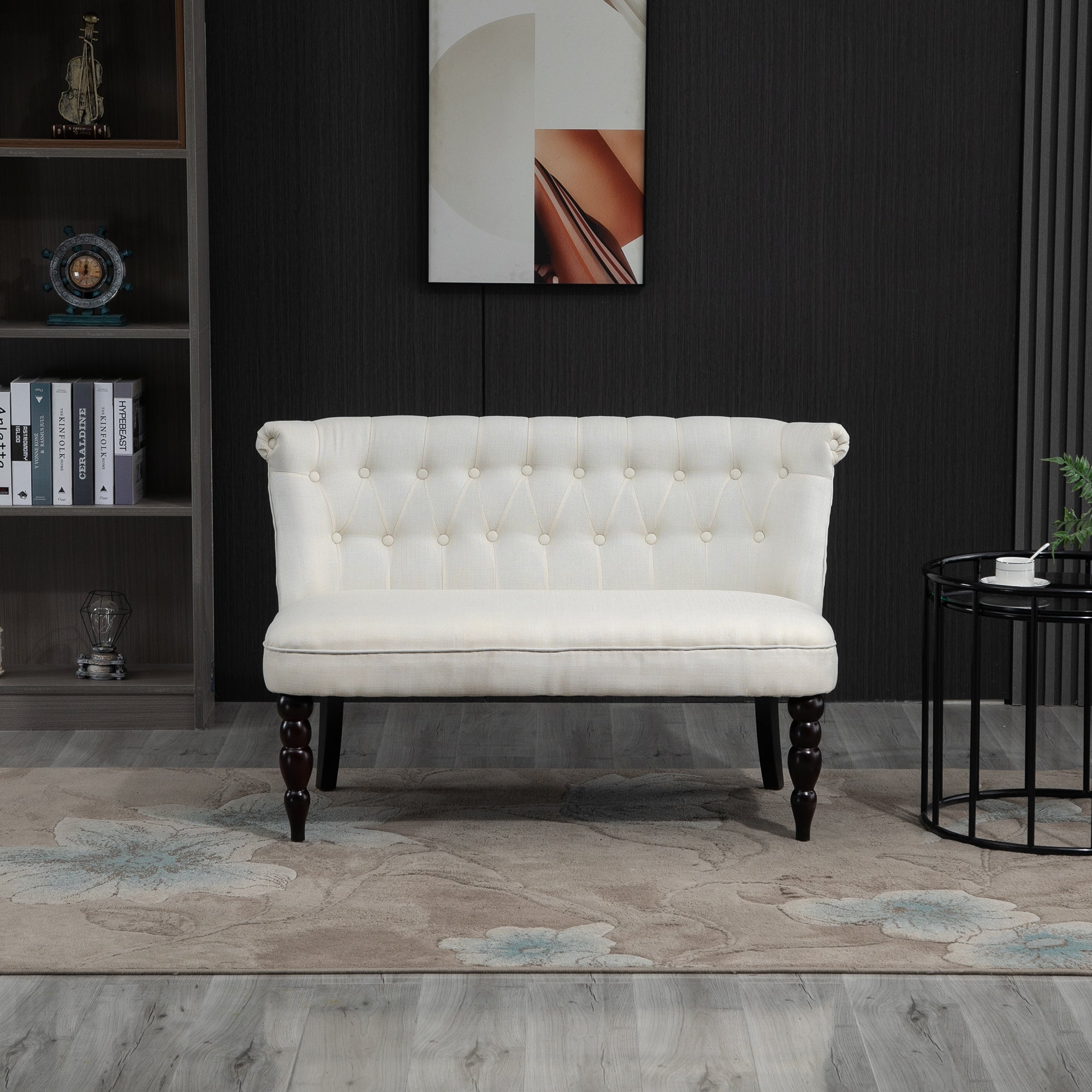 Upholstered Armless Fabric Loveseat with Button Tufted Design for Living Room with Wood Legs, Cream White