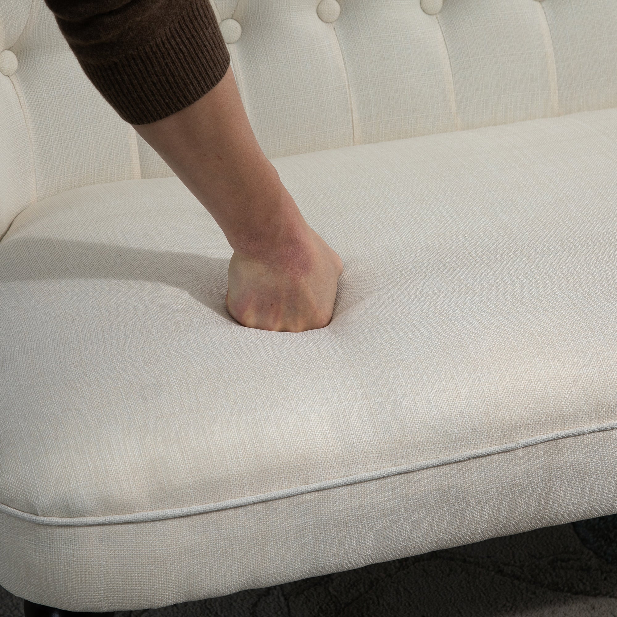 Upholstered Armless Fabric Loveseat with Button Tufted Design for Living Room with Wood Legs, Cream White