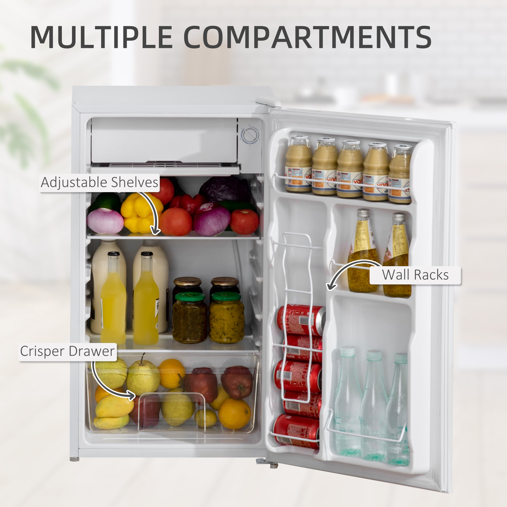 3.2 Cu.Ft Compact Mini Fridge with Freezer, Adjustable Shelf & Temperature Control, White