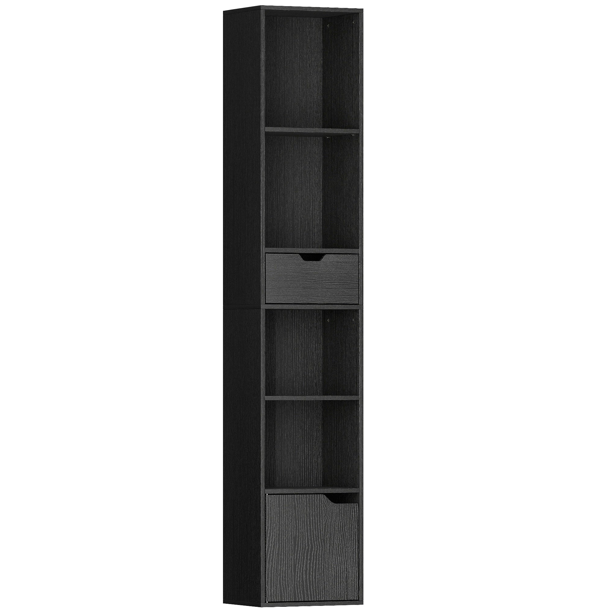 6-Tier Bookcase, Tall Narrow Bookshelf with Drawer, Door, Adjustable Shelf, Modern Display Standing Shelving Unit for Living Room, Home Office, Bedroom, 30 x 24 x 158 cm, Black