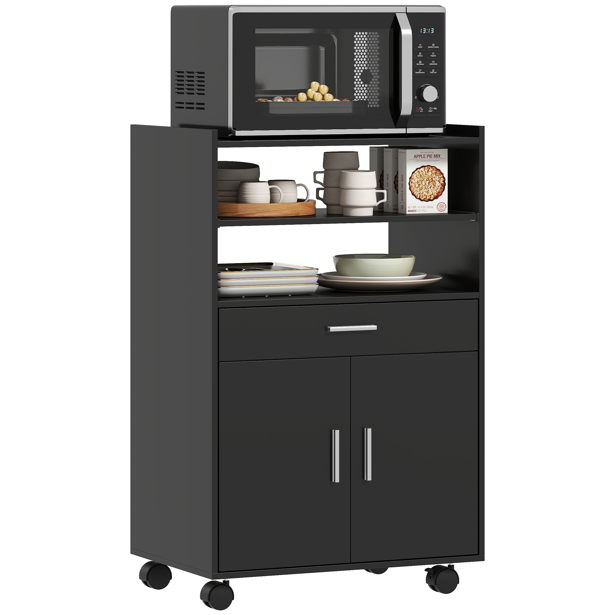 Microwave Cart with Wheels, Microwave Stand with Worktop, Open Shelves and Drawer, Storage Cabinet, Black