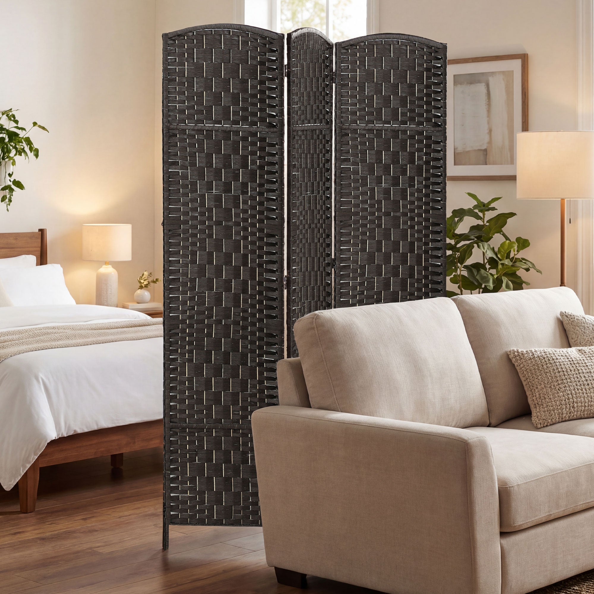 Room Divider, 3 Panel Folding Privacy Screen, 70.9" Tall Portable Wicker Weave Partition Wall Divider for Bedroom, Home Office, Coffee