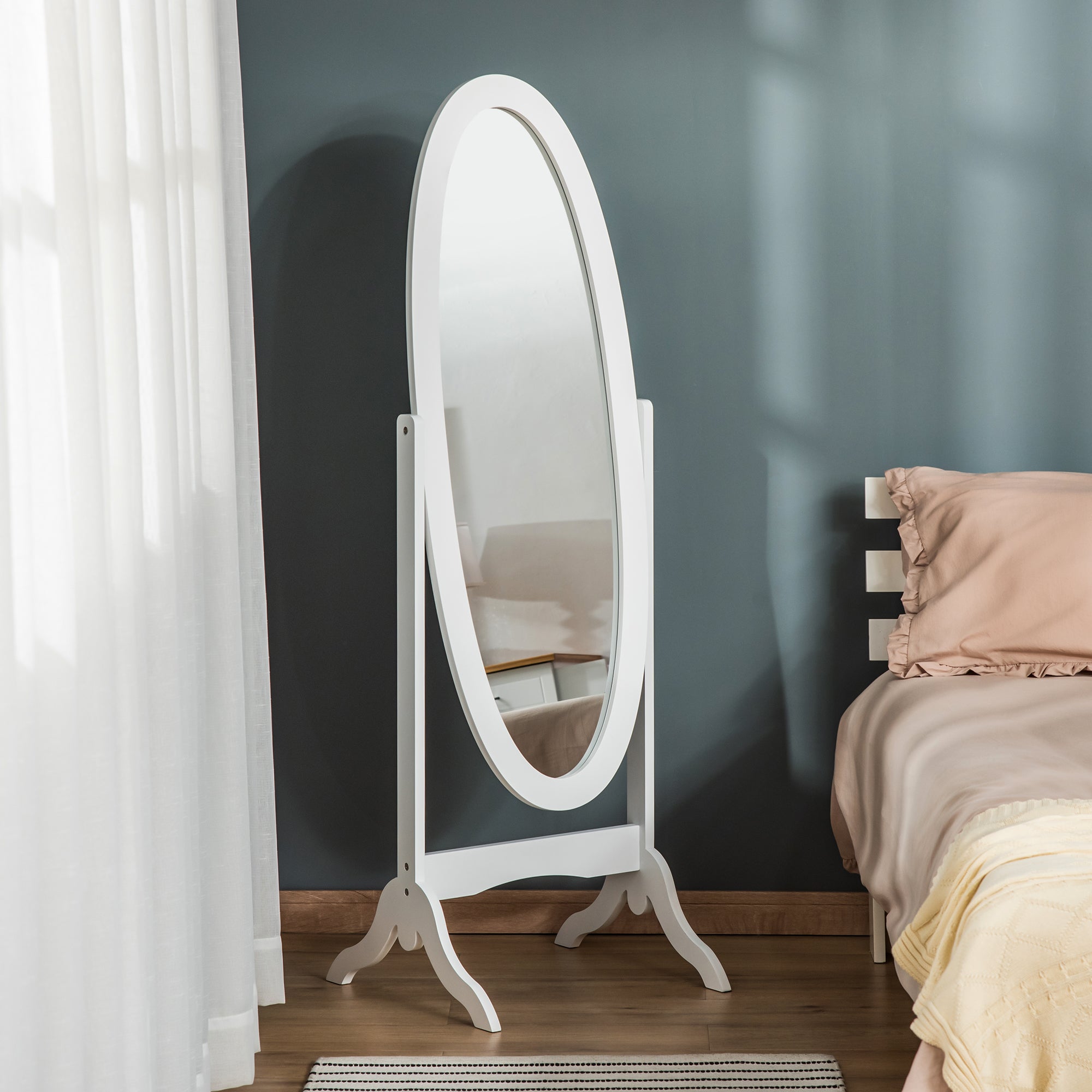 HOMCOM Full Length Mirror, Free Standing Mirror with Oval Frame, Adjustable Angle for Dressing Room, Bedroom, Living Room, White