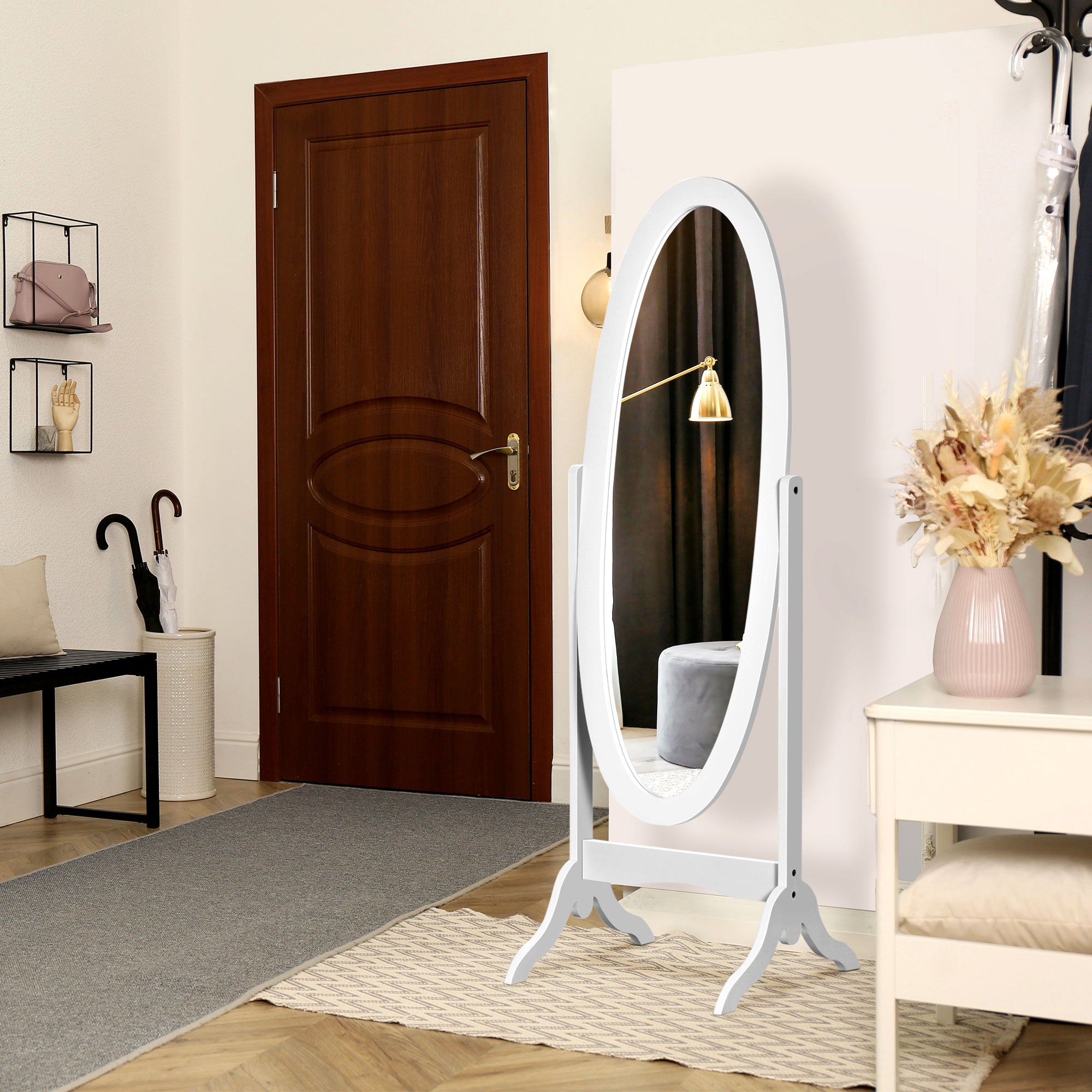 HOMCOM Full Length Mirror, Free Standing Mirror with Oval Frame, Adjustable Angle for Dressing Room, Bedroom, Living Room, White