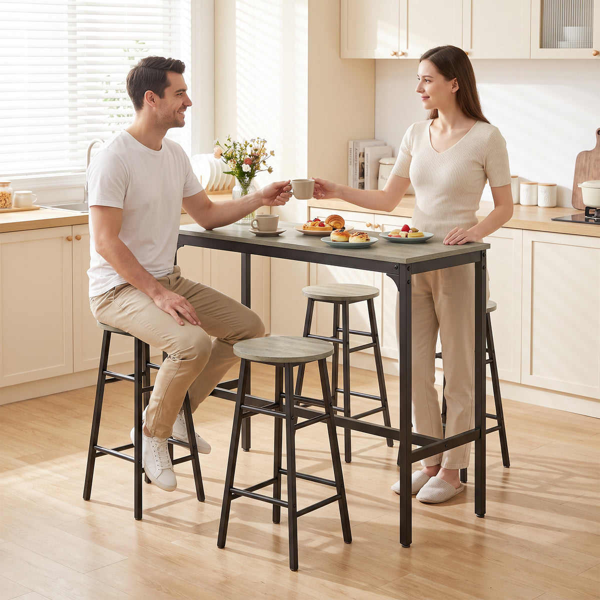 5 Piece Bar Table Set with 4 Stools, Industrial Bar Table and Stool Set, Dining Table and Chair Set for Small Space, Grey Wood Effect