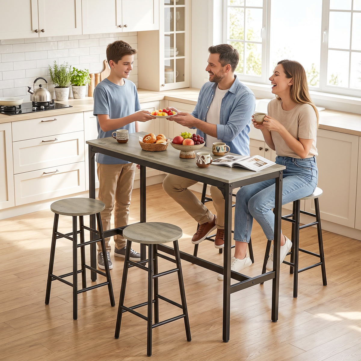 5 Piece Bar Table Set with 4 Stools, Industrial Bar Table and Stool Set, Dining Table and Chair Set for Small Space, Grey Wood Effect