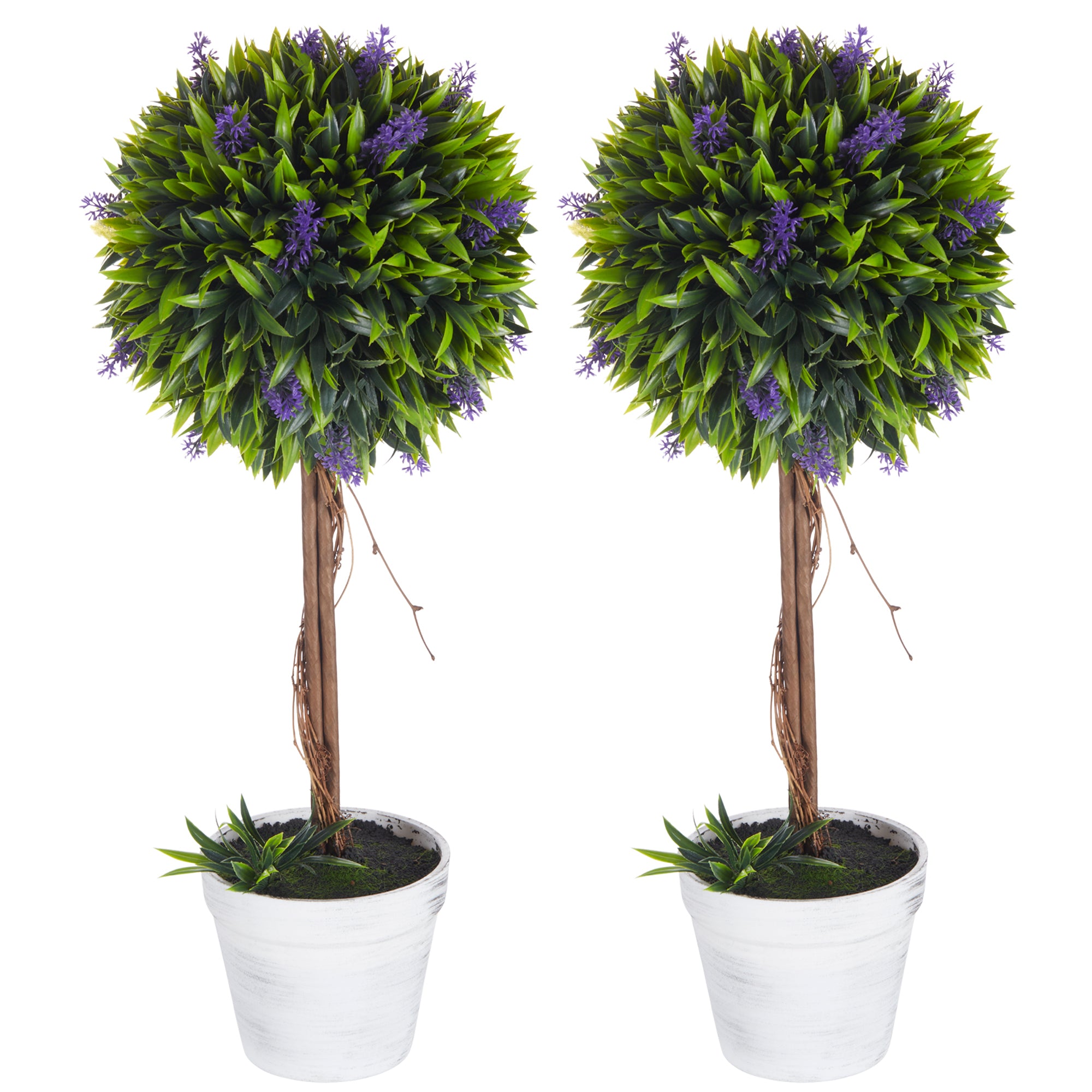 HOMCOM Set of 2 Decorative Artificial Plants Ball Trees with Lavender Flowers in Pot Fake Plants for Home Indoor Outdoor Decor, 60cm, Green