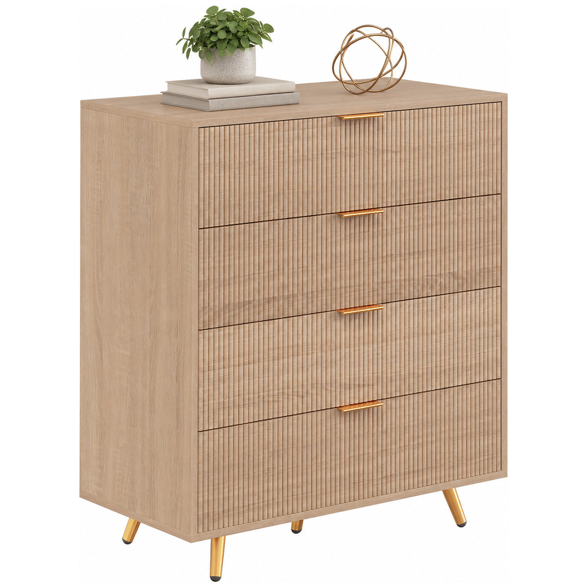 Bedroom Chest of Drawers with 4 Drawers, Fluted Dresser with Gold-Tone Handles, Storage Cabinet for Bedroom, Living Room, Hallway, Entryway, Natural